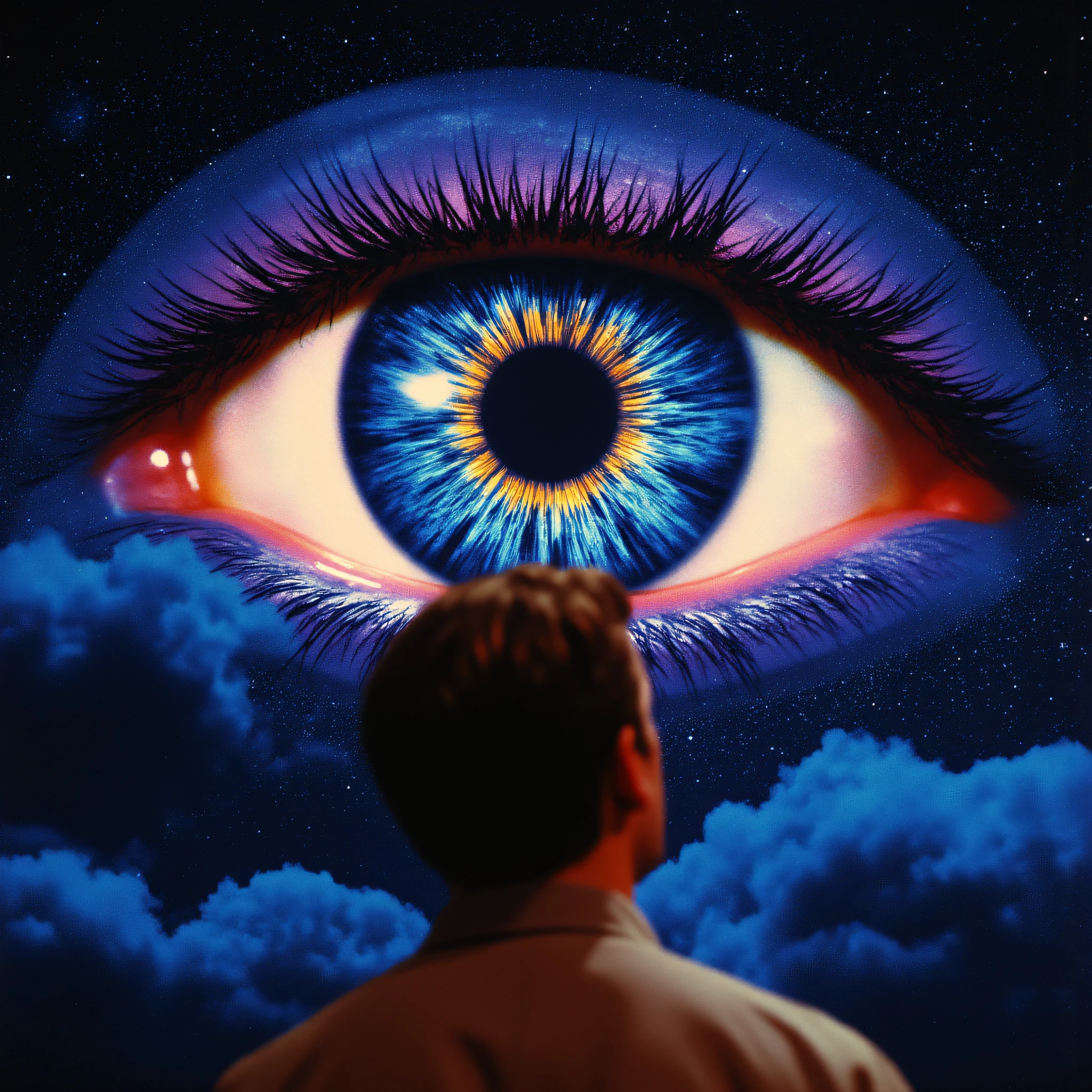 ArsMovieStill, movie still from a 60s psychedelic movie, The image shows a person standing in front of a large colorful eye. The eye is the focal point of the image with its iris and pupil clearly visible. The iris is a deep blue color with a hint of purple and orange. The pupil is a lighter shade of blue and it appears to be glowing. The person is looking up at the eye with a curious expression as if they are deep in thought. The background is a dark starry night sky with planets and stars visible in the distance. The image is taken from a low angle with the person's back facing the viewer., 1boy, sky, star (sky), male focus, solo, from behind, starry sky, cloud, night, night sky