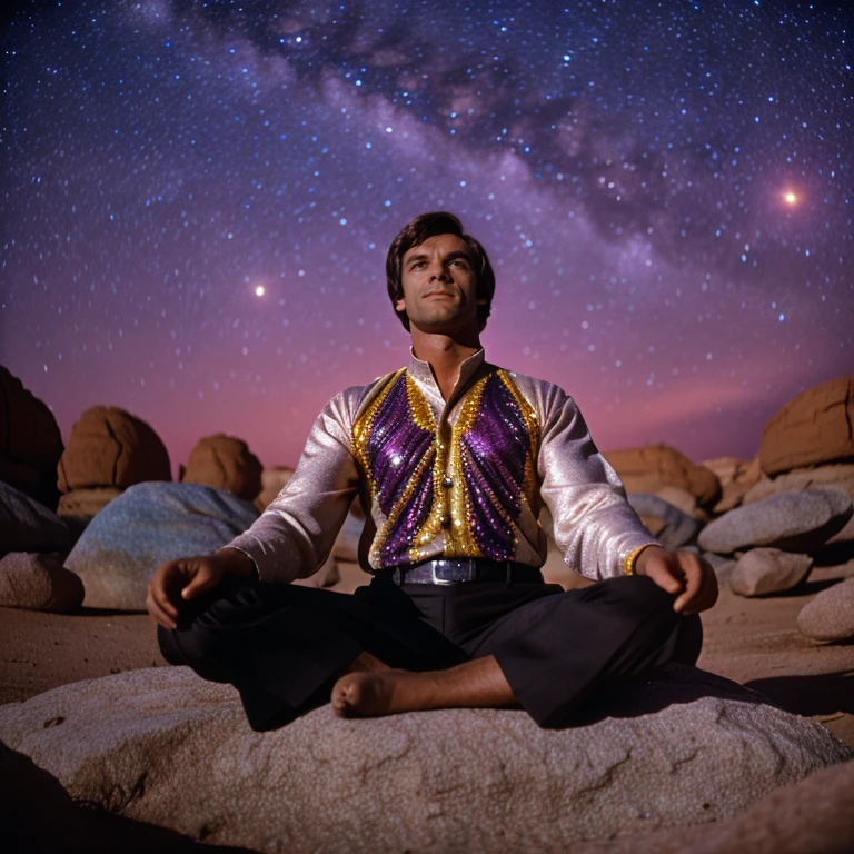 <lora:60sPsychadelicMovieMJ7SD1:1> ArsMovieStill, movie still from a 60s psychedelic movie, The image shows a man sitting on a rock in a desert-like environment. He is wearing a long-sleeved shirt with a colorful sequin pattern and black pants. He has a serious expression on his face and is looking up towards the sky. The sky is filled with a beautiful purple and pink nebula with stars twinkling in the background. The man is surrounded by large rocks and boulders and there is a hint of orange and yellow light emanating from the rocks. The overall mood of the image is peaceful and serene., 1boy, solo, male focus, sitting, sky, star (sky), bald, night, starry sky, rock