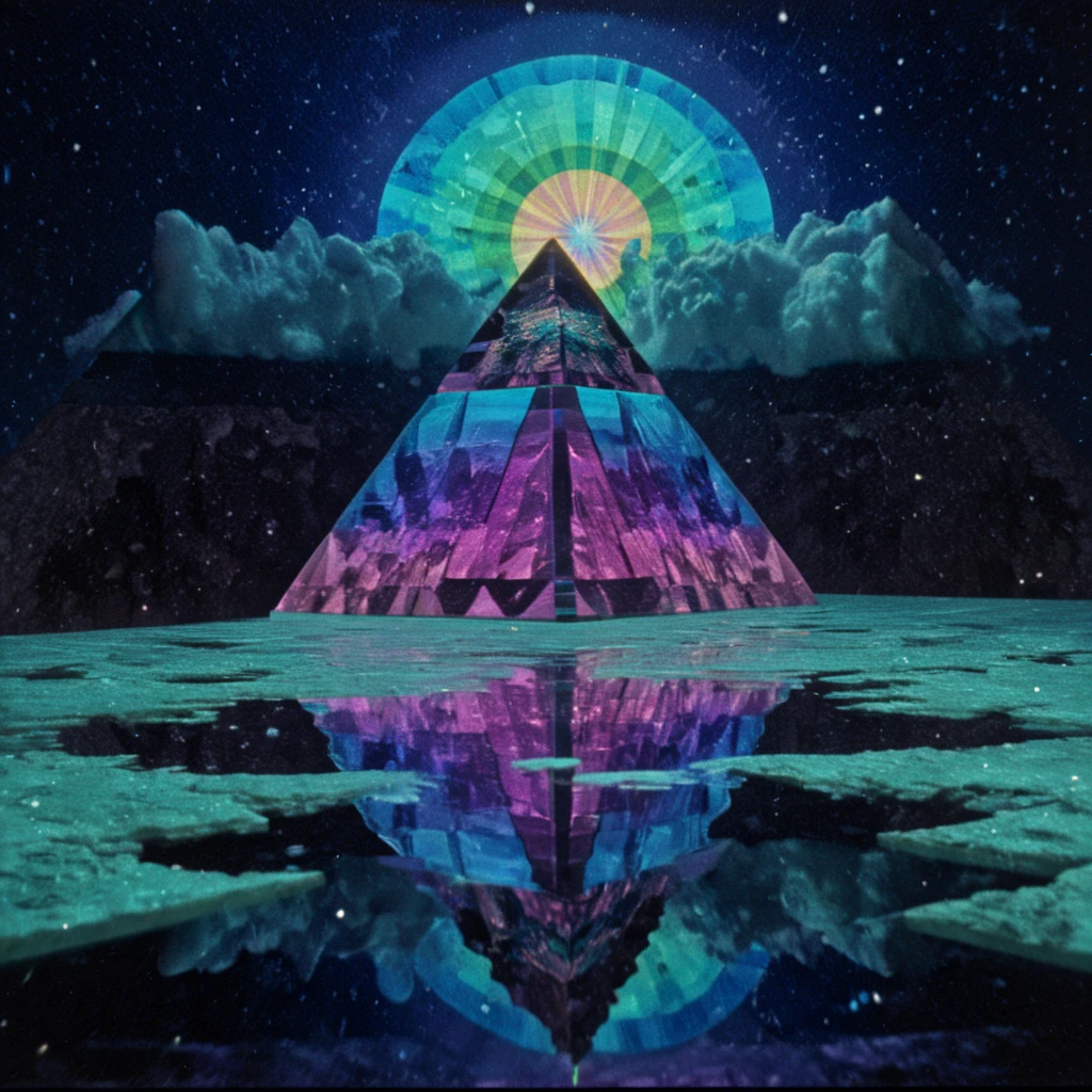 <lora:60sPsychadelicMovieMJ7SDXL:1> ArsMovieStill, movie still from a 60s psychedelic movie, The image is a digital art piece that appears to be a pyramid or a pyramid-shaped structure. The pyramid is made up of multiple layers of glass with the top layer being the largest and the bottom layer being smaller. The glass is arranged in a way that creates a rainbow-like pattern with different colors and shapes that create a sense of depth and dimension. The colors range from blue green purple and pink and the shapes are reflected in the water below the pyramid.The background is dark with a few stars visible in the top right corner. The sky is filled with white clouds creating a dramatic and dreamlike atmosphere. The overall mood of the image is surreal and surreal with an ethereal quality., sky, reflection, no humans, cloud, scenery, night, star (sky), crystal, outdoors, night sky