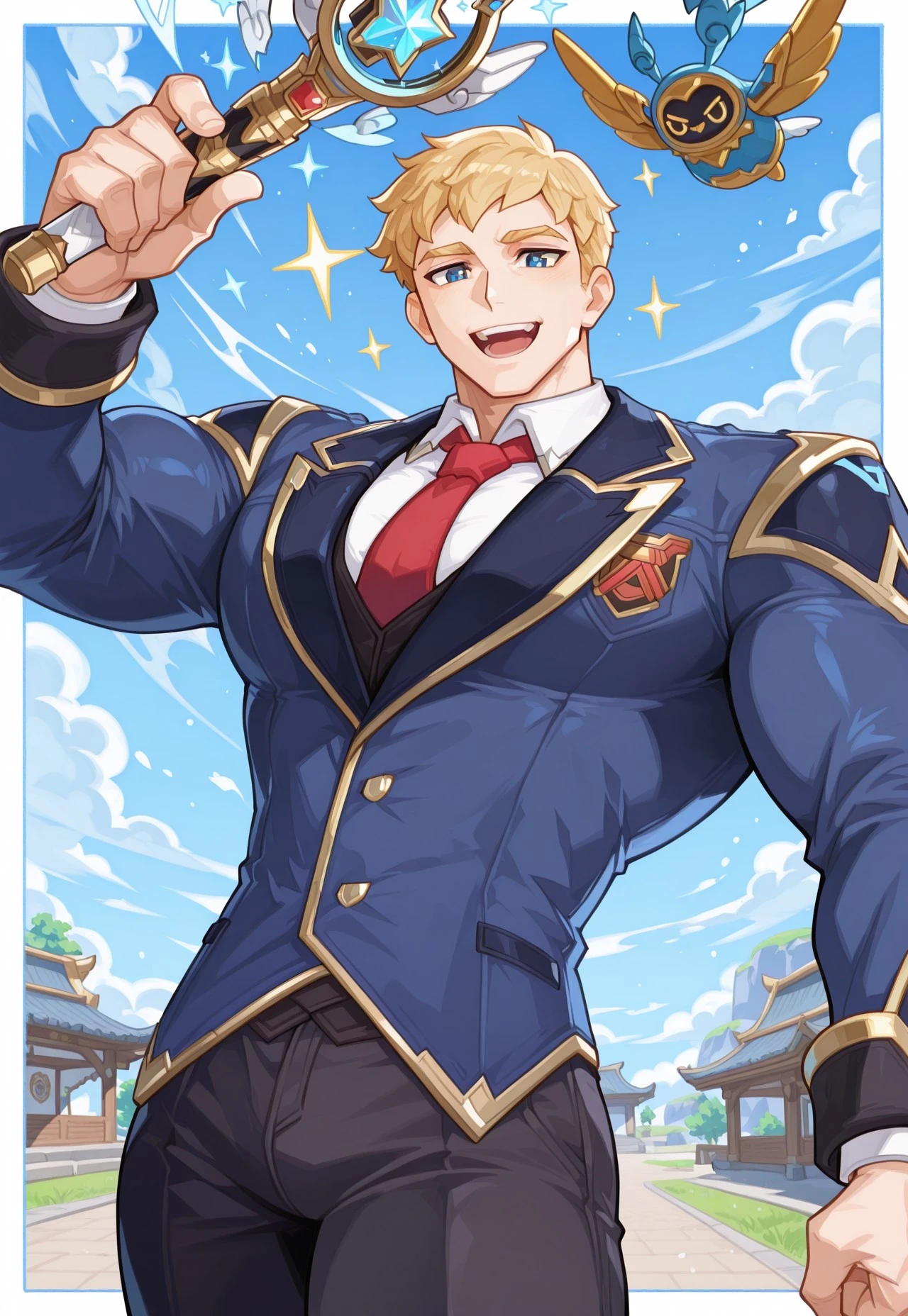 2d, animification, thin lines, anime colouring, style \(genshin impact\), (1boy, soldier: 76 \(class president: 76\) \(overwatch\), short hair, blonde hair, bangs, pixie cut, blue eyes, round eyes, bright pupils, sparkling eyes, (masculine, mature male, muscular, bara, himbofication, broad shoulders, big arms, large pectorals, wide upper body, narrow waist, small waist, slim waist, wide hips, curvy body, thick thighs), (blue jacket, white shirt, red necktie, black pant), cardcaptor sakura's magic wand, blue sky, flying, open mouth, :d, smiling, looking at viewer, magic, very awa, masterpiece, best quality, absurdres, detailed background, newest, perfect quality, intricate details