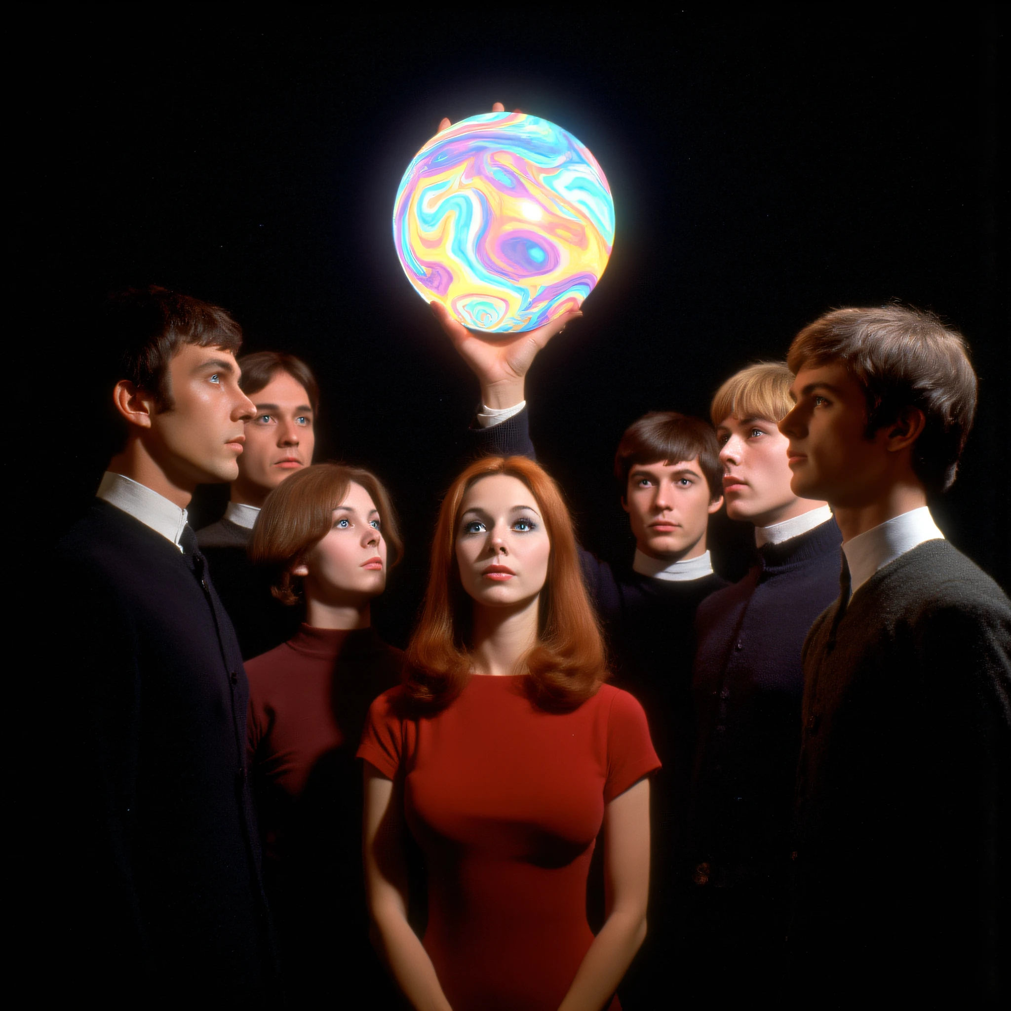 ArsMovieStill, movie still from a 60s psychedelic movie, The image is a group portrait of a group of six people all of whom appear to be the members of the British rock band The Beatles. They are standing in a dark room with a black background. The group is arranged in a semi-circle with the person in the center holding a large colorful ball in their hand. The ball is glowing with a rainbow-like pattern and the people around it are looking up at it with curious expressions. On the left side of the image there is a man with short dark hair and a serious expression on his face. On the right side there are two other people one with short blonde hair and the other with dark hair both with serious expressions on their faces. In the center of the group is a woman with long red hair and blue eyes looking directly at the camera. The other two people are also holding the ball with their hands and they are also looking at it. The image has a surreal and dreamlike quality to it., realistic, multiple boys, blue eyes, 1girl, brown hair, black hair, planet, space, long hair, surreal