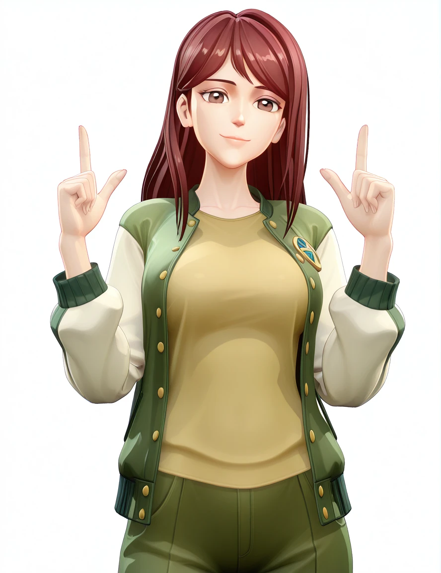 masterpiece, best quality, amazing quality,, <lora:qing-xia-s1-illustriousxl-lora-nochekaiser:1>, qing xia, long hair, brown hair, black hair, brown eyes, mature female, medium breasts, 3d, <lora:letterman-jacket-illustriousxl-lora-nochekaiser:1>, letterman jacket, jacket, open jacket, <lora:kakyoin-noriakis-pose-illustriousxl-lora-nochekaiser:1>, kakyoin noriakis pose, kakyoin noriaki's pose (jojo), jojo pose, m/, pointing up, hands up, looking at viewer, smile, cowboy shot, , <lora:transparent-background-illustriousxl-lora-nochekaiser:1>, transparent background, simple background, white background