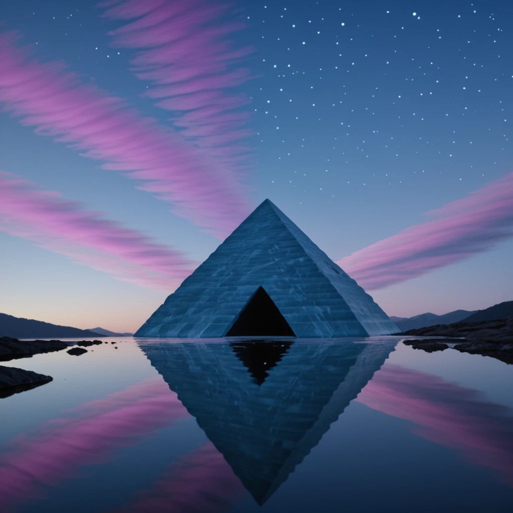 <lora:60sPsychadelicMovieMJ7Illustrious:1> ArsMovieStill, movie still from a 60s psychedelic movie, The image is a digital art piece that appears to be a pyramid or a pyramid-shaped structure. The pyramid is made up of multiple layers of glass with the top layer being the largest and the bottom layer being smaller. The glass is arranged in a way that creates a rainbow-like pattern with different colors and shapes that create a sense of depth and dimension. The colors range from blue green purple and pink and the shapes are reflected in the water below the pyramid.The background is dark with a few stars visible in the top right corner. The sky is filled with white clouds creating a dramatic and dreamlike atmosphere. The overall mood of the image is surreal and surreal with an ethereal quality., sky, reflection, no humans, cloud, scenery, night, star (sky), crystal, outdoors, night sky