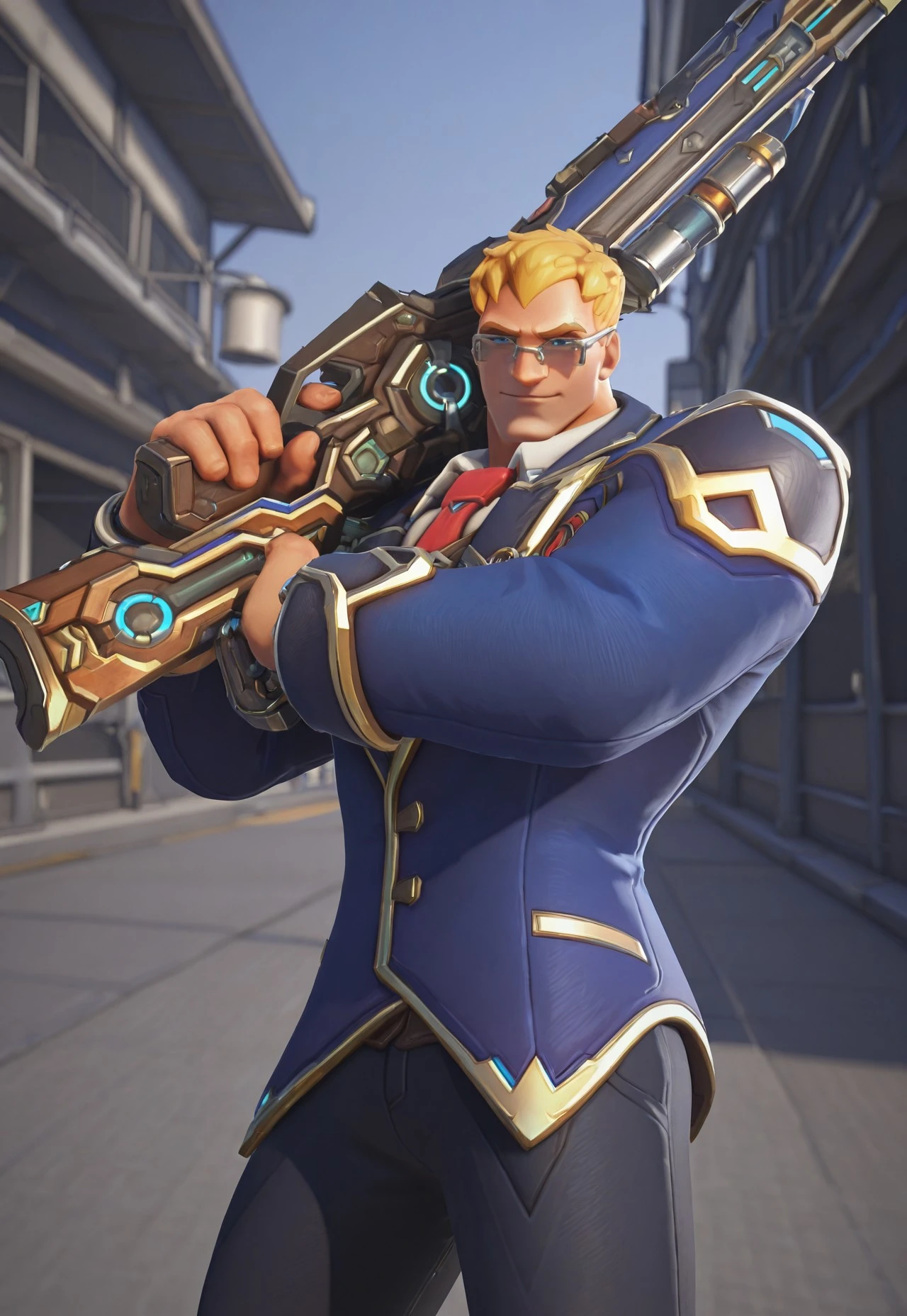 SHARP_DETAIL, HDR, TEXTURES, DETAILED_TEXTURE, UNSHARP, CRISP_DETAIL, SHINY, DYNAMIC REFLECTIONS, SHINY SKIN, high contrast, vivid lighting, rendered artistically, impressive, extremely detailed, linquivera, rim light, 3d, style \(overwatch\), 1boy, soldier: 76 \(class president: 76\) \(overwatch\), short hair, blonde hair, bangs, pixie cut, blue eyes, bara, (muscular, slim body, broad shoulders, big arms, thick thighs), (blue jacket, white shirt, red necktie, black pant), dynamic pose, looking at viewer, cowboy shot, classroom, hand on cheek, head tilt, sitting on the chair, class deck, very awa, masterpiece, best quality, absurdres, newest, perfect quality, detailed background, intricate details