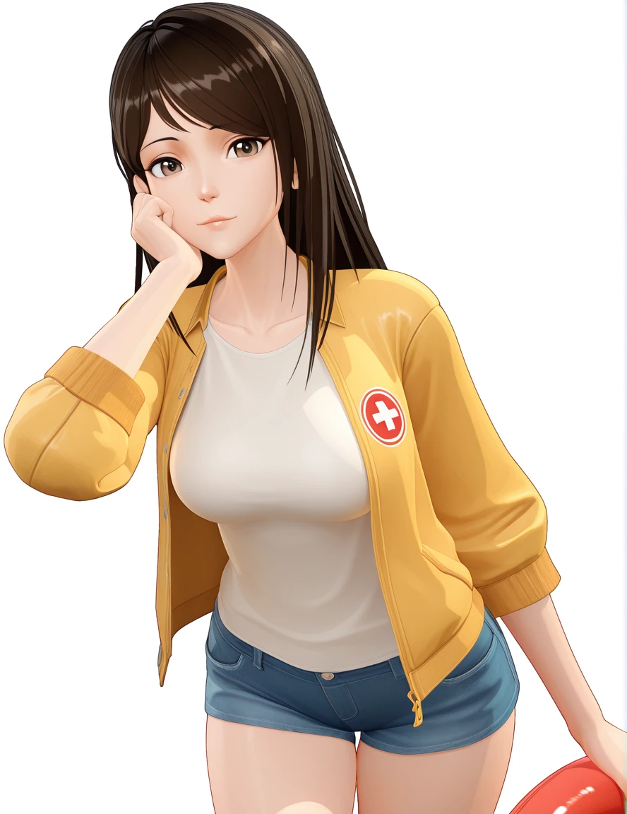 masterpiece, best quality, amazing quality,, <lora:qing-xia-s1-illustriousxl-lora-nochekaiser:1>, qing xia, long hair, brown hair, black hair, brown eyes, mature female, medium breasts, 3d, shirt, jacket, white shirt, open clothes, shorts, short shorts, denim, blue shorts, denim shorts, head rest, pool, water, lifeguard, swim_lane, float, cowboy shot, solo, looking at viewer, <lora:transparent-background-illustriousxl-lora-nochekaiser:1>, transparent background, simple background, white background