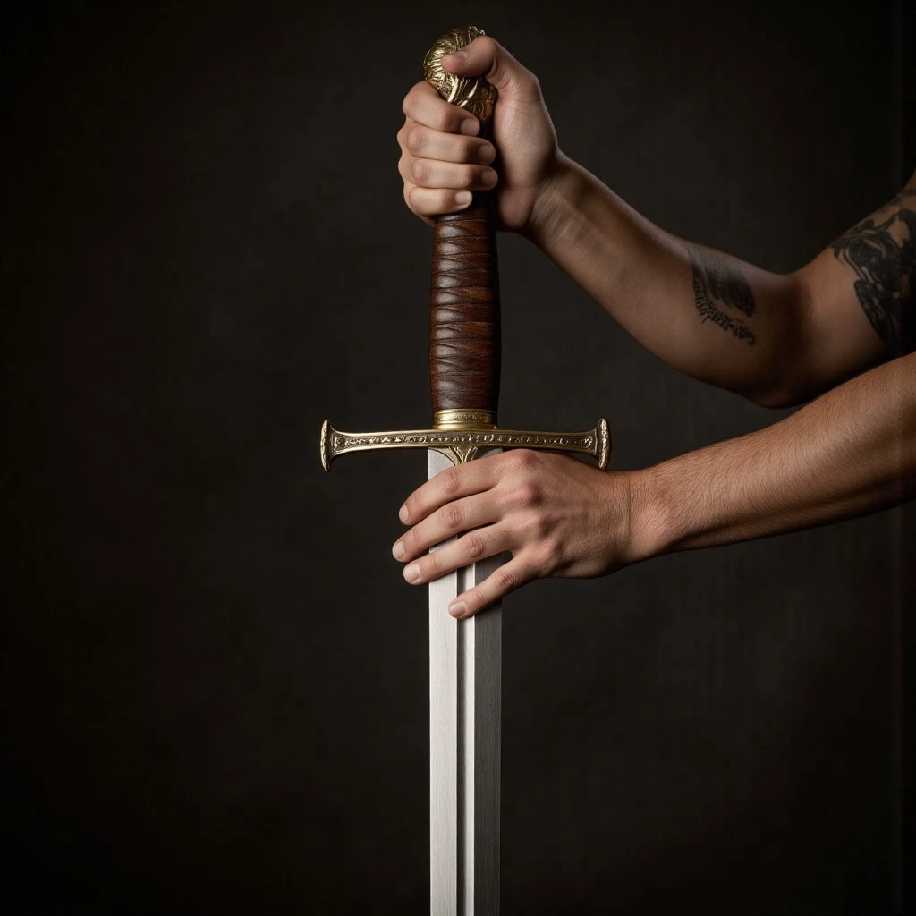 Two hands holding a hilt of long sword, close up of hilt,
