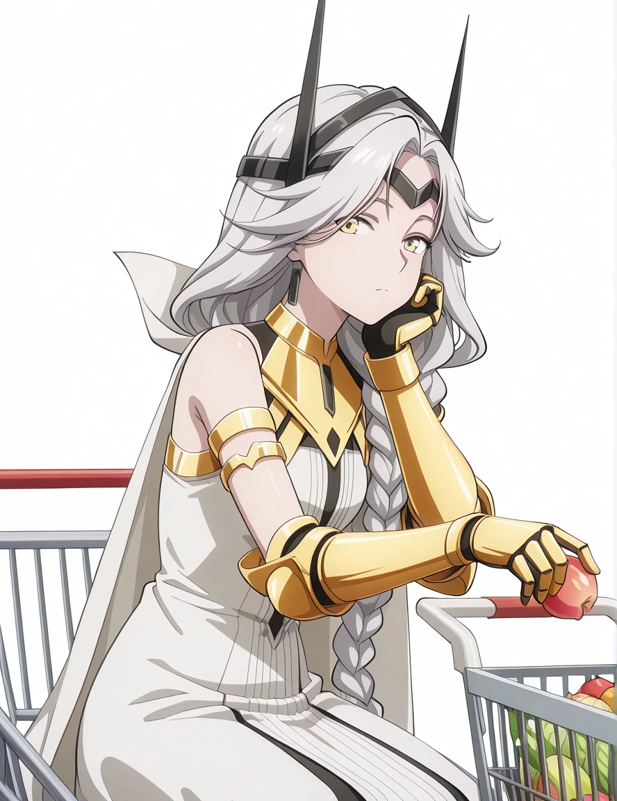 masterpiece, best quality, amazing quality,, <lora:tobeherox-queen-s1-illustriousxl-lora-nochekaiser:1>, tobeherox queen, yellow eyes, long hair, white hair, grey hair, braid, single braid, braided ponytail, mature female, small breasts, anime screencap, dress, bare shoulders, white dress, cape, headgear, armlet, gauntlets, white cape, sitting, head rest, table,, grocery store, shopping cart, picking fruits, everyday life, cowboy shot, solo, looking at viewer, <lora:transparent-background-illustriousxl-lora-nochekaiser:1>, transparent background, simple background, white background