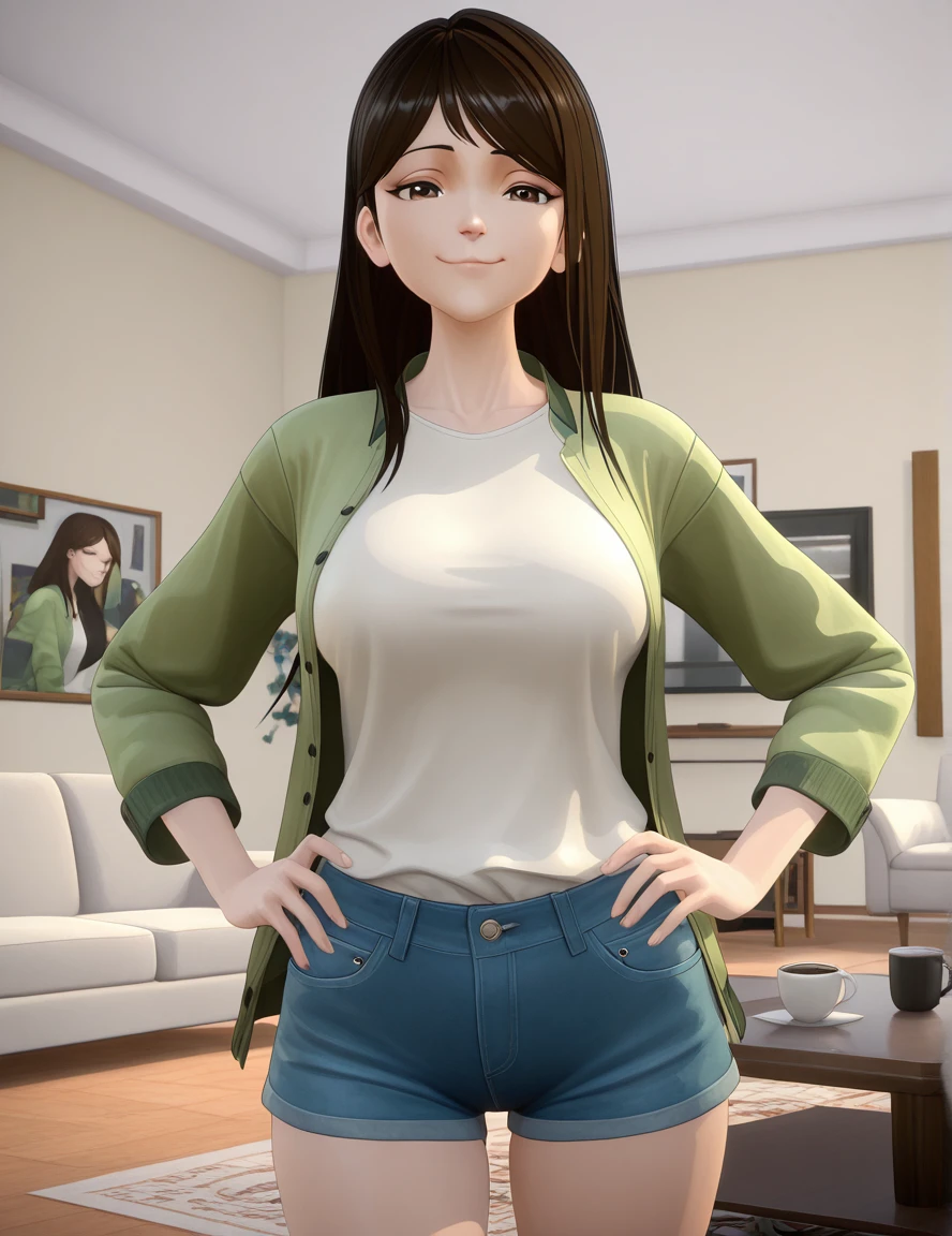 masterpiece, best quality, amazing quality,, <lora:qing-xia-s1-illustriousxl-lora-nochekaiser:1>, qing xia, long hair, brown hair, black hair, brown eyes, mature female, medium breasts, 3d, shirt, jacket, white shirt, open clothes, shorts, short shorts, denim, blue shorts, denim shorts, smug, hands on own hip,, living room, sofa, TV, coffee_table, decor, cowboy shot, solo, looking at viewer,