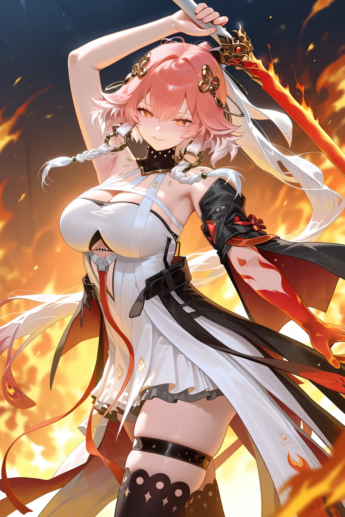 (8K, Best quality at best, tmasterpiece:1.2),\(Eyes detailed\),\(facial feature\),(\(clothes details body,(surface focus) ,Very detailed CG unified 8k wallpaper,hugefilesize,ultra - detailed,A high resolution,Huang Li,beautidful eyes,ray traycing,Dramatic shadows,Detailed pubic hair,dramatic angles,hyper-detailing,(1 girl:1.3),(Alone),32years old,Mature woman,One guy,Tall and fat,red hair clothes,Short broken hair,red eyes,Bigchest,,(upper contour cleavage:1.43),(thigh incision:1.3),There meat in the belly,mages,Willow waist,(Wearing Okuda's miko costume :1.4).magic space,(Hot volcanoes:1.4),(Erupting magma:1.15),(circular magic circle in the sky:1.2)+(huge red magic circle:1.3)+(A magic circle inscribed with blasphemous verses:1.2),