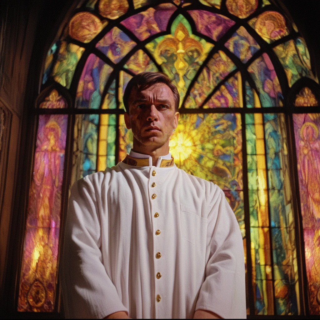 <lora:60sPsychadelicMovieMJ7SDXL:1> ArsMovieStill, movie still from a 60s psychedelic movie, The image shows a man standing in front of a large stained glass window. The man is wearing a white robe with gold buttons and a collar. He has short dark hair and is looking off to the side with a serious expression on his face. The background is dark and the window is made up of multiple colors including blue green yellow and pink. The light from the window casts a warm glow on the man's face and the surrounding area. The overall mood of the image is somber and contemplative., 1boy, male focus, solo, realistic, stained glass, upper body, shirt, white shirt, long sleeves, indoors