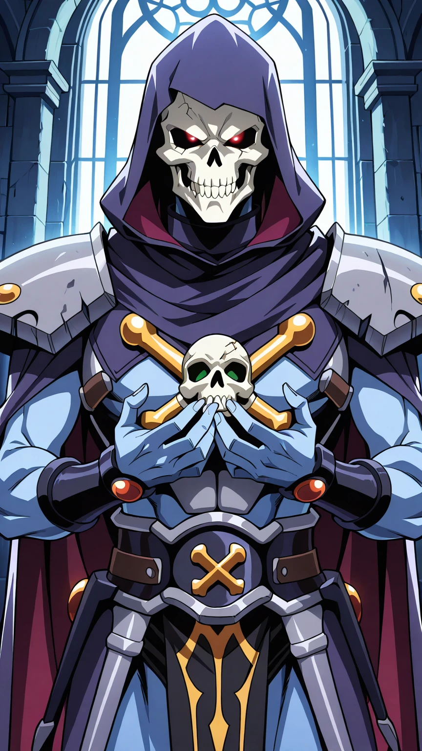 close up of skeletor, angry, snake mountain in the background