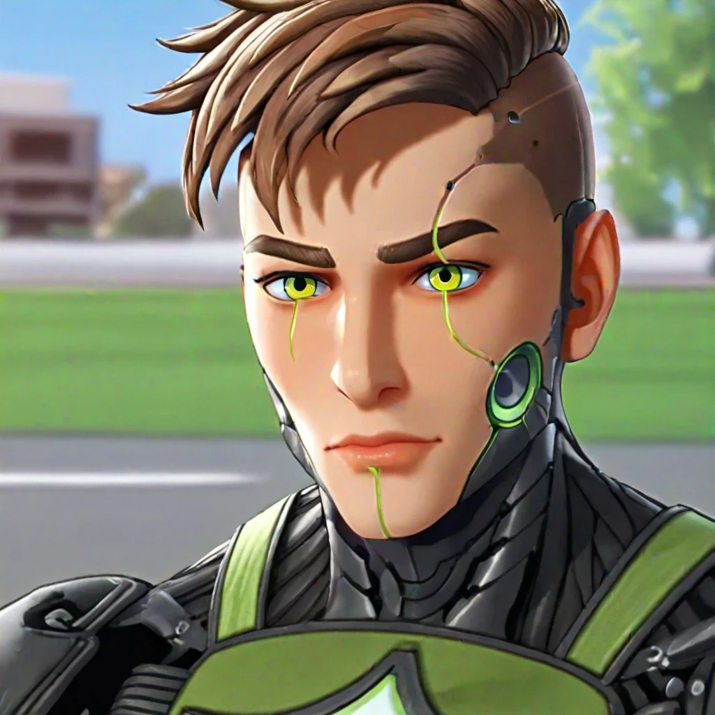 portrait, sky, outdoors, parody, 1boy, Killswitch, brown hair, undercut, green eyes, cyborg