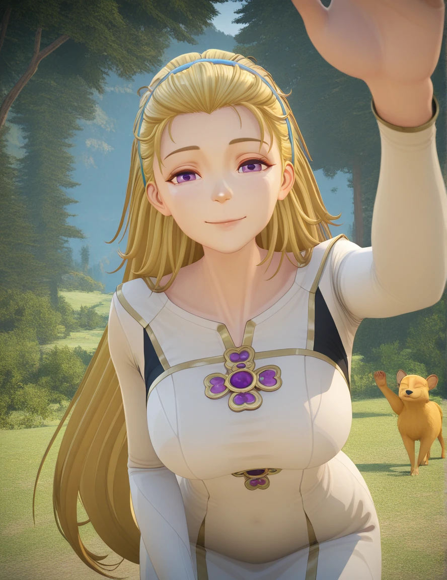 masterpiece, best quality, amazing quality,, <lora:yueqing-xiao-s1-illustriousxl-lora-nochekaiser:1>, yueqing xiao, long hair, blonde hair, purple eyes, hairband, blue hairband, hair pulled back, mature female, breasts, 3d, long sleeves, dress, white dress, <lora:incoming-headpat-illustriousxl-lora-nochekaiser:1>, incoming headpat, headpat, pov, outstretched arm, reaching, reaching towards viewer, looking at viewer, closed eyes, smile,, nature, trees, animals, landscape, open, cowboy shot, solo, looking at viewer,