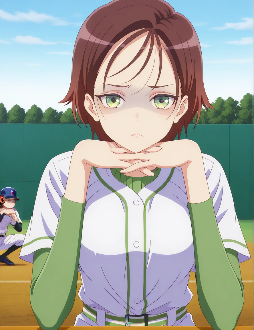 masterpiece, best quality, amazing quality,, <lora:kyouka-kitahara-s1-illustriousxl-lora-nochekaiser:1>, kyouka kitahara, short hair, brown hair, green eyes, mature female, small breasts, anime screencap, <lora:baseball-uniform-illustriousxl-lora-nochekaiser:1>, baseball uniform, baseball, striped belt, shirt under shirt, sportswear, ribbed shirt, baseball helmet, baseball jersey,, <lora:gendou-pose-illustriousxl-lora-nochekaiser:1>, gendou pose, own hands clasped, own hands together, parody, shaded face, looking at viewer, frown, elbow rest,, ,