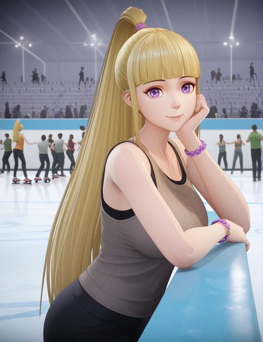 masterpiece, best quality, amazing quality,, <lora:yueqing-xiao-s1-illustriousxl-lora-nochekaiser:1>, yueqing xiao, long hair, blonde hair, purple eyes, ponytail, blunt bangs, high ponytail, mature female, breasts, 3d, shirt, bare shoulders, sleeveless, bracelet, tank top,, head rest, smile,, skating rink, ice, people, winter, fun, cowboy shot, solo, looking at viewer,