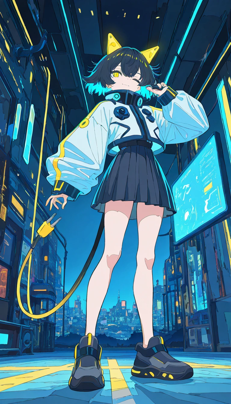 masterpiece, best quality, amazing quality, very aesthetic, absurdres,  newest, scenery,
, one eye closed, light smile, â¡, Twirling with dress flying up, electrocat, 1girl, 
black hair, short hair, messy hair, yellow highlights, blue highlights, 
cat ears, cyber ears, glowing accents, yellow eyes, heterochromatic hair accents, electric motif,
school uniform,
electric plug tail, cable tail, plug accessory,
electric cable tail, power plug,
dynamic poses, ,
indoor,
cyberpunk, futuristic school, neon lights, digital classroom, hologram board, glowing cables, sci-fi uniform, high-tech environment, urban night, blue lighting, yellow accent, techno aesthetic, virtual education, plug connection, neon cityscape
, animated, dynamic angle, full body, close-up,portrait, from below, fisheye lens, detailed face,colorful, close-up, masterpiece, best quality, amazing quality, very aesthetic, absurdres, newest, scenery, volumetric lighting