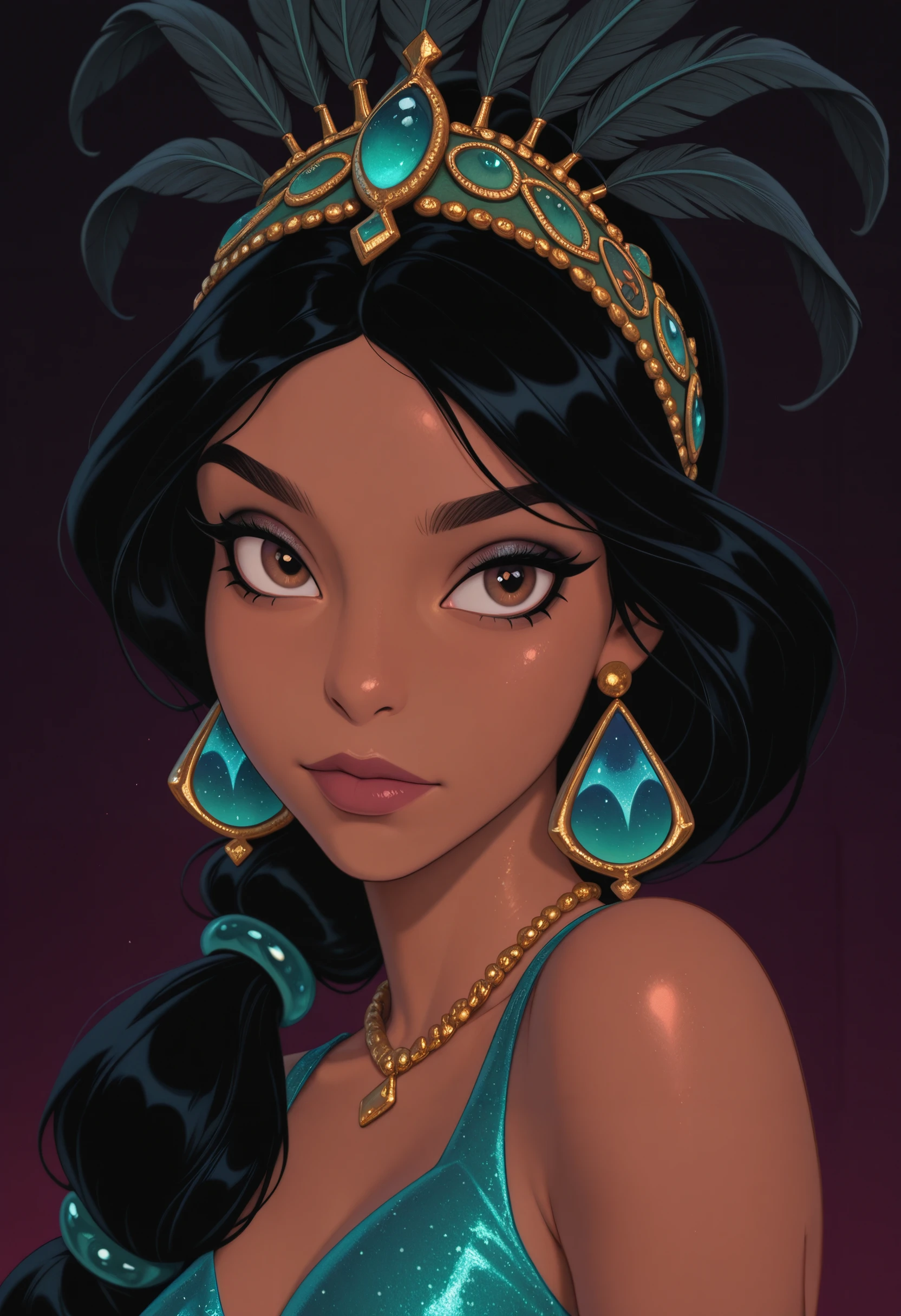 Capture a moment of deep contemplation by painting a full-body portrait of Jasmine, the princess of the kingdom of Agrabah in Aladdin. Her expression should be a mixture of curiosity and a hint of unease, as if she is deeply questioning reality and her place within it. Her large eyes should be wide open, reflecting the surreal world surrounded by playing cards in the kingdom of Agrabah. Genie the jolly lamp fairy, Aladdin, the Wizard, etc. The lighting is soft yet dramatic, and the suitors, who are only pretentious, are affectionate and crave their freedom. She is a modern woman who is intelligent and strong, sometimes using her own beauty as a weapon. The colour palette is a mix of soft pastels and dark, introspective tones, creating a balance between innocence and the complexity of her thoughts