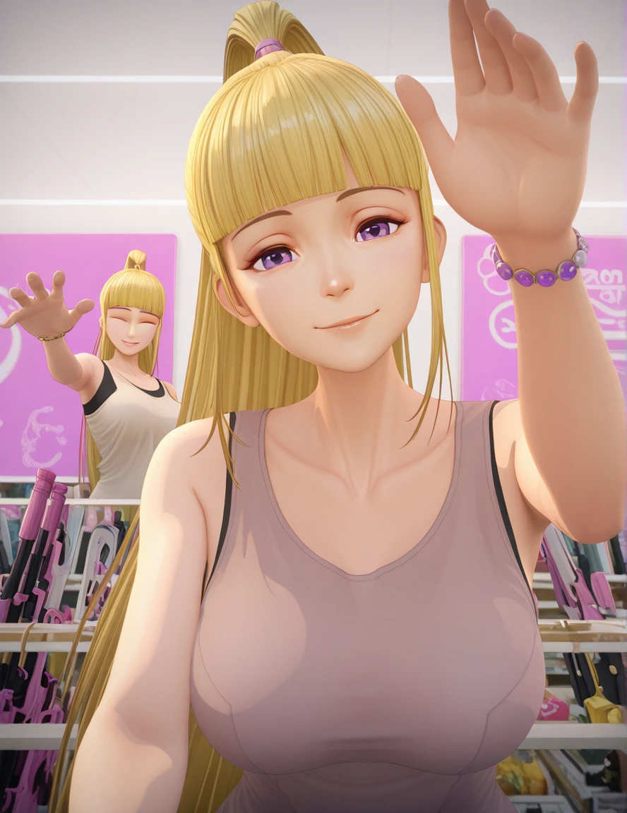 masterpiece, best quality, amazing quality,, <lora:yueqing-xiao-s1-illustriousxl-lora-nochekaiser:1>, yueqing xiao, long hair, blonde hair, purple eyes, ponytail, blunt bangs, high ponytail, mature female, breasts, 3d, shirt, bare shoulders, sleeveless, bracelet, tank top,, <lora:incoming-headpat-illustriousxl-lora-nochekaiser:1>, incoming headpat, headpat, pov, outstretched arm, reaching, reaching towards viewer, looking at viewer, head tilt, closed eyes, smile, upper body, weapon shop, weapons, display, store, items, cowboy shot, solo, looking at viewer,