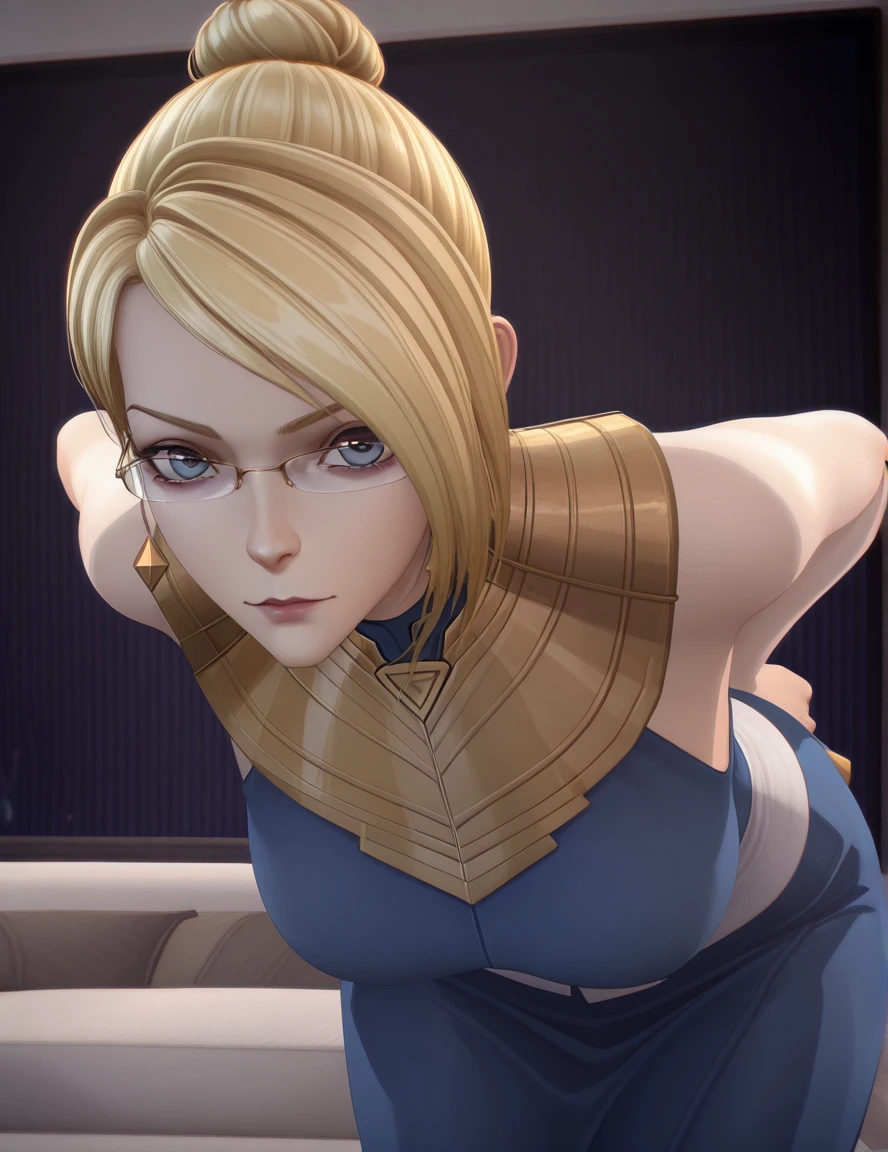 masterpiece, best quality, amazing quality,, <lora:tobeherox-juan-s1-illustriousxl-lora-nochekaiser:1>, tobeherox juan, short hair, blue eyes, blonde hair, glasses, hair bun, single hair bun, mature female, breasts, 3d, hands behind back, bent over,, ,
