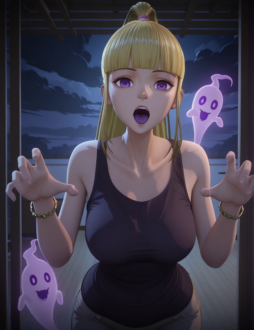 masterpiece, best quality, amazing quality,, <lora:yueqing-xiao-s1-illustriousxl-lora-nochekaiser:1>, yueqing xiao, long hair, blonde hair, purple eyes, ponytail, blunt bangs, high ponytail, mature female, breasts, 3d, shirt, bare shoulders, sleeveless, bracelet, tank top,, <lora:ghost-pose-illustriousxl-lora-nochekaiser:1>, ghost pose, ghost, purple tongue, open mouth, tongue, hands up, indoors, night, night sky, dark, horror (theme), cloud, dark cloud, dim lighting, dark room, backlighting, cowboy shot, minaret, tall, mosque, call_to_prayer, holy, cowboy shot, solo, looking at viewer,
