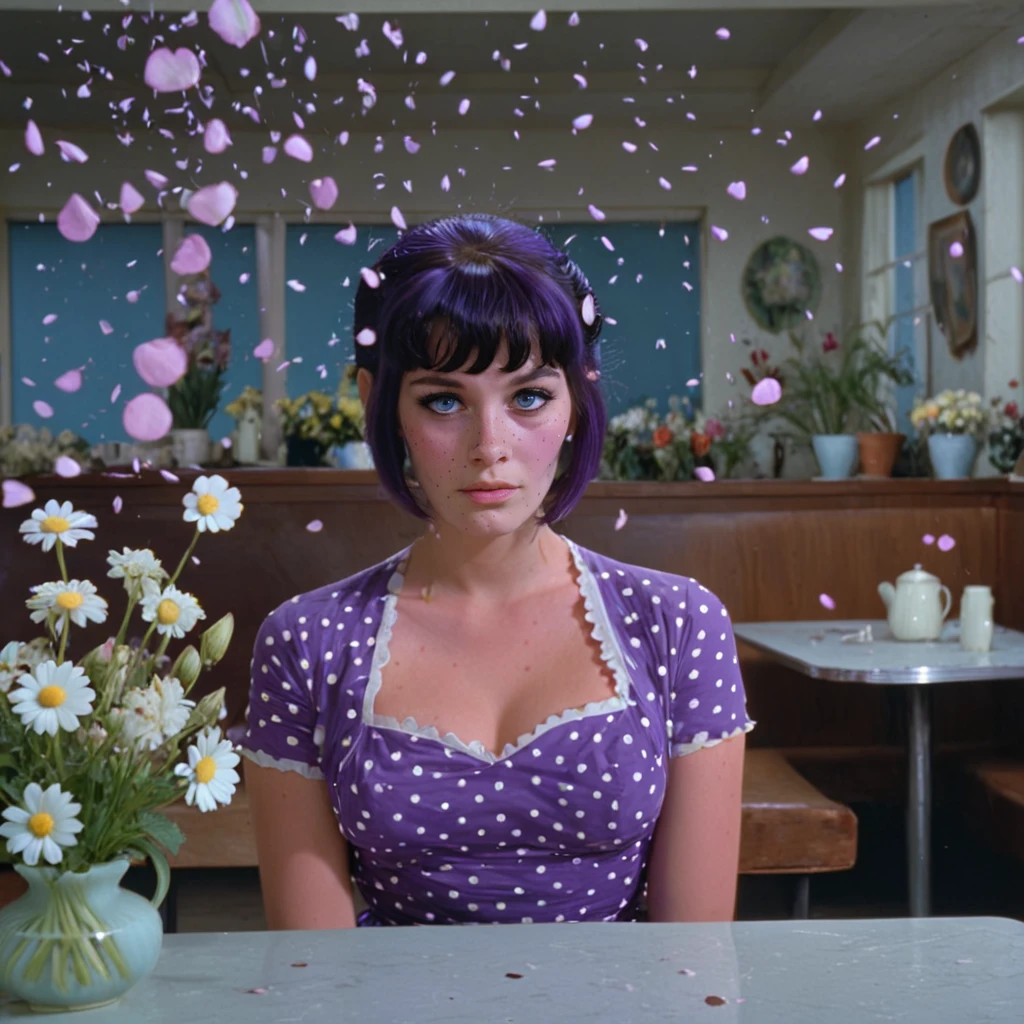 <lora:60sPsychadelicMovieMJ7SDXL:1> ArsMovieStill, movie still from a 60s psychedelic movie, The image shows a young woman sitting at a table with a vase of flowers in front of her. She is wearing a purple dress with white polka dots and her hair is styled in an updo. The woman is looking directly at the camera with a serious expression on her face. The background is filled with pink and white flowers that are falling down from the ceiling creating a romantic and dreamy atmosphere. The overall mood of the image is one of love and romance., 1girl, solo, black hair, blue eyes, bangs, short hair, indoors, table, flower, lips