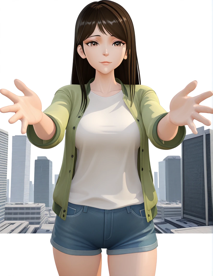 masterpiece, best quality, amazing quality,, <lora:qing-xia-s1-illustriousxl-lora-nochekaiser:1>, qing xia, long hair, brown hair, black hair, brown eyes, mature female, medium breasts, 3d, shirt, jacket, white shirt, open clothes, shorts, short shorts, denim, blue shorts, denim shorts, on back, arm support, arms up, incoming hug, pov, reaching, reaching towards viewer,, megastructure, large, futuristic, building, complex, cowboy shot, solo, looking at viewer, <lora:transparent-background-illustriousxl-lora-nochekaiser:1>, transparent background, simple background, white background