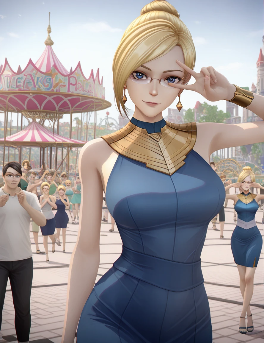 masterpiece, best quality, amazing quality,, <lora:tobeherox-juan-s1-illustriousxl-lora-nochekaiser:1>, tobeherox juan, short hair, blue eyes, blonde hair, glasses, hair bun, single hair bun, mature female, breasts, 3d, jewelry, bare shoulders, earrings, sleeveless, dress, blue dress,, v, v over eyes,, amusement park, rides, crowds, fun, colorful, cowboy shot, solo, looking at viewer,