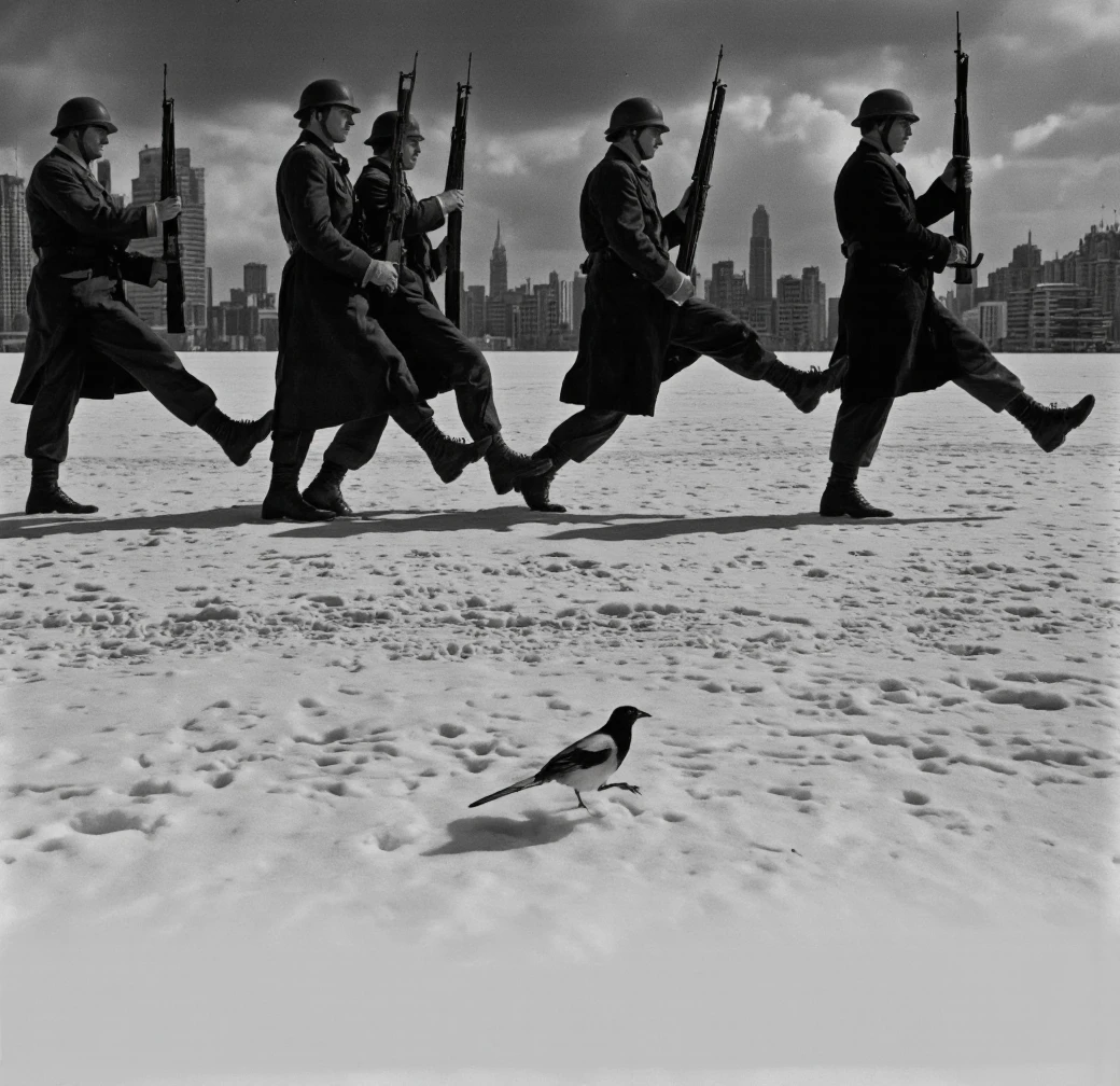 A cinematic photo. A black and white photograph of a magpie walking in front of a group of five soldiers marching in formation, all wearing helmets and carrying rifles. the magpie is in the middle of the image, standing on its hind legs, with its wings spread wide, as if it is about to take flight. the ground is covered in a thick layer of snow, and the background shows a cityscape with tall buildings and a cloudy sky. the soldiers are dressed in dark uniforms, with long coats and helmets, and they are walking in a line, each holding a rifle in their hands. the image is taken from a low angle, capturing the movement of the soldiers as they march through the snow-covered ground, with the cityscape visible in the background.