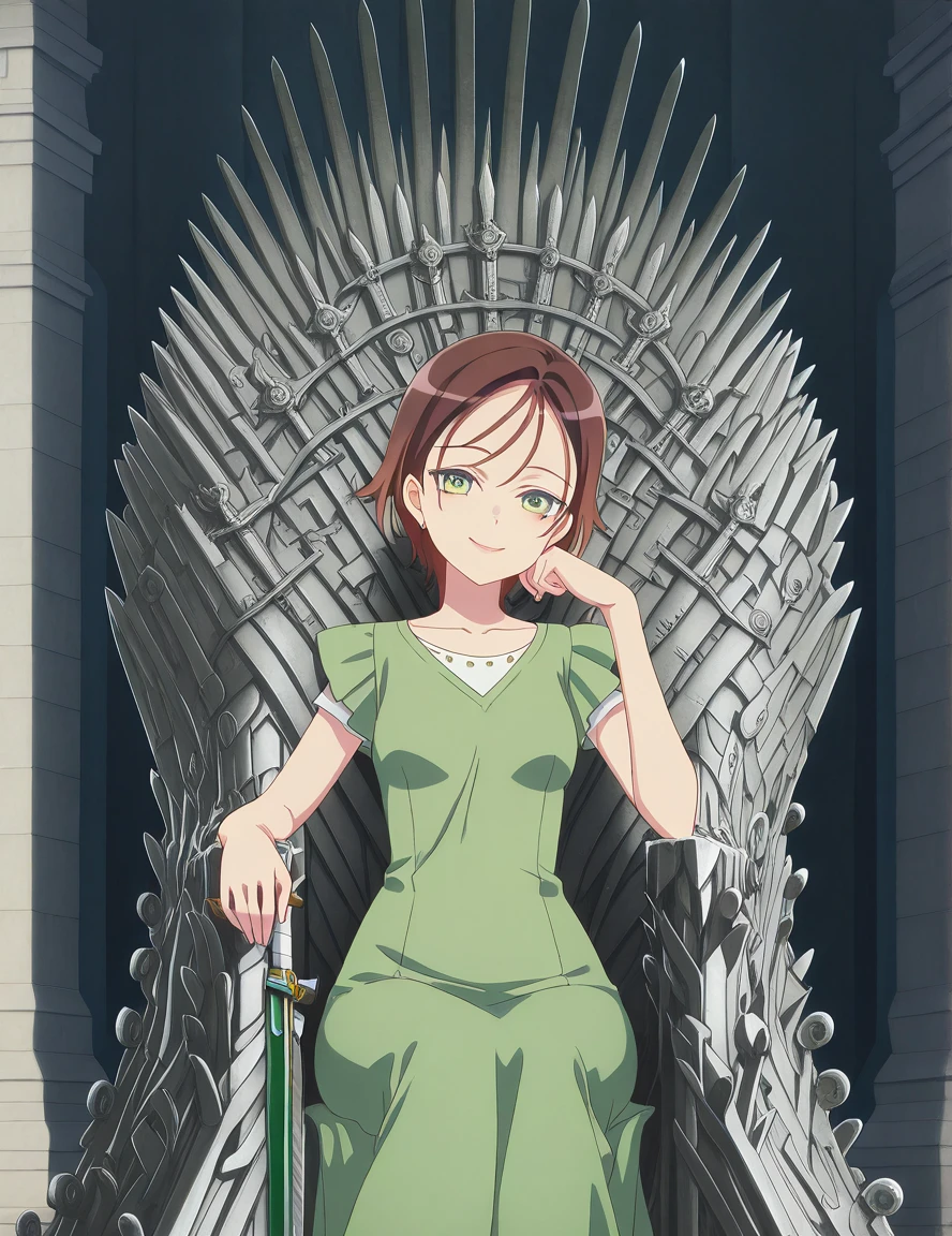 masterpiece, best quality, amazing quality,, <lora:kyouka-kitahara-s1-illustriousxl-lora-nochekaiser:1>, kyouka kitahara, short hair, brown hair, green eyes, mature female, small breasts, anime screencap, <lora:iron-throne-illustriousxl-lora-nochekaiser:1>, iron throne, sitting, looking at viewer, sword, throne, sitting on throne, smile, feet out of frame, elbow rest, ,