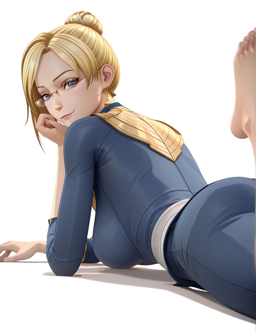 masterpiece, best quality, amazing quality,, <lora:tobeherox-juan-s1-illustriousxl-lora-nochekaiser:1>, tobeherox juan, short hair, blue eyes, blonde hair, glasses, hair bun, single hair bun, mature female, breasts, 3d, <lora:the-pose-illustriousxl-lora-nochekaiser:1>, the pose, on stomach, feet up, lying, soles, feet, legs up, head rest, barefoot, ass, from behind, looking back, looking at viewer, smile, blush,, , <lora:transparent-background-illustriousxl-lora-nochekaiser:1>, transparent background, simple background, white background