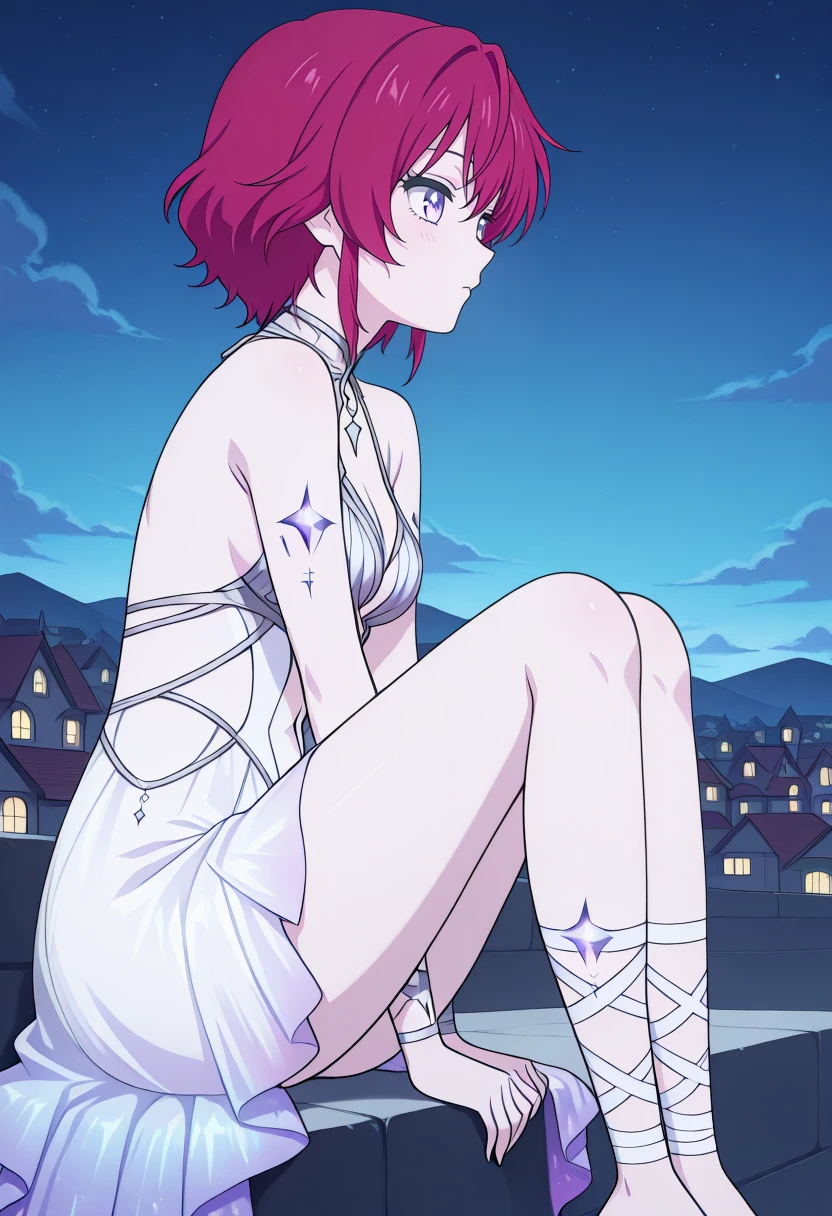 <lora:cha-13v1:1>,cha13v1,fantasy,ethereal,white bodysuit,sheer skirt,galaxy print,gradient fabric,bare legs,deep cleavage,bare feet,backless,exposed back,delicate straps,leg wraps,star motif,anime screencap,looking at viewer,full body,
(Character),score_9, score_8_up, score_7_up, score_6_up, source_anime, masterpiece, best quality, absurdres, highres, newest, anime coloring <break> 1girl, solo, sitting, on wall, from side, town, night sky, cloud.,
<lora:Yona-v3 :1>,Youna-v1,1girl,solo,red hair,short hair,bangs,purple eyes,medium breast,