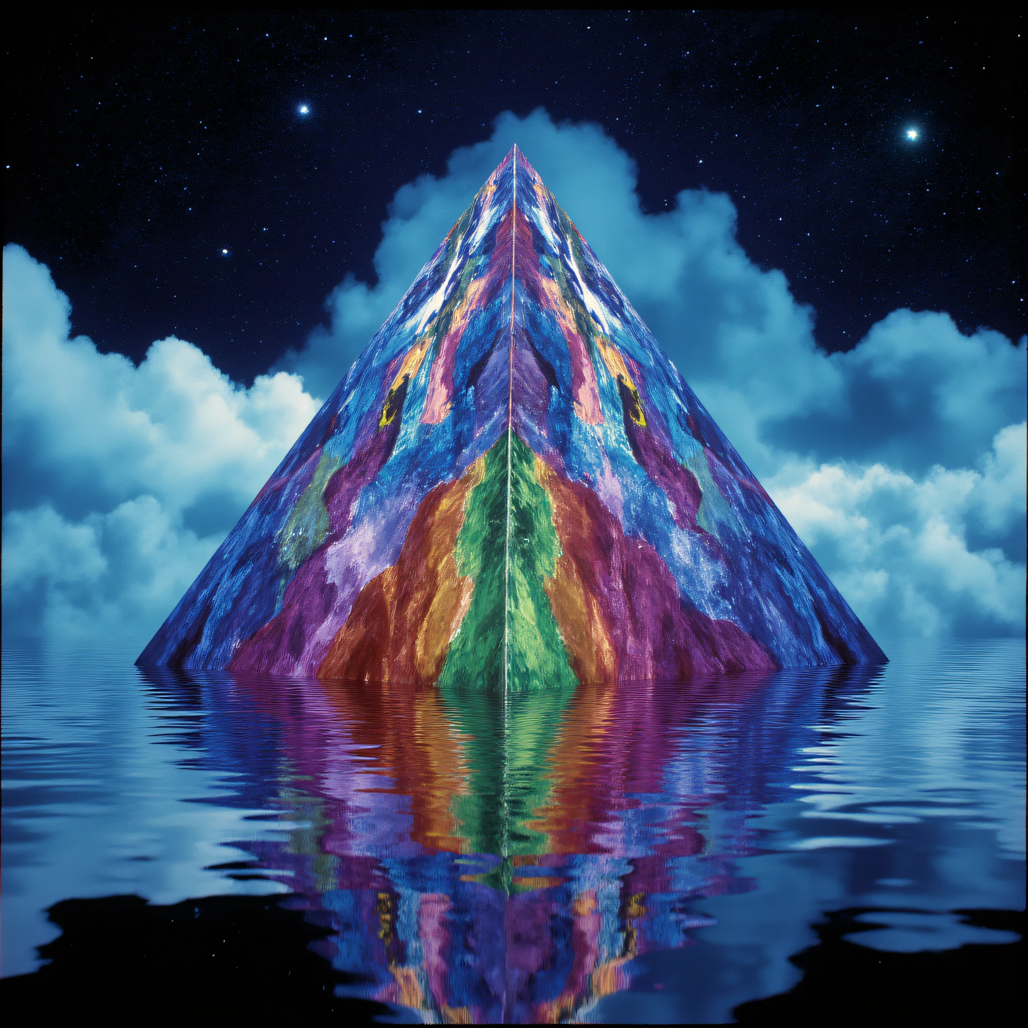 ArsMovieStill, movie still from a 60s psychedelic movie, The image is a digital art piece that appears to be a pyramid or a pyramid-shaped structure. The pyramid is made up of multiple layers of glass with the top layer being the largest and the bottom layer being smaller. The glass is arranged in a way that creates a rainbow-like pattern with different colors and shapes that create a sense of depth and dimension. The colors range from blue green purple and pink and the shapes are reflected in the water below the pyramid.The background is dark with a few stars visible in the top right corner. The sky is filled with white clouds creating a dramatic and dreamlike atmosphere. The overall mood of the image is surreal and surreal with an ethereal quality., sky, reflection, no humans, cloud, scenery, night, star (sky), crystal, outdoors, night sky