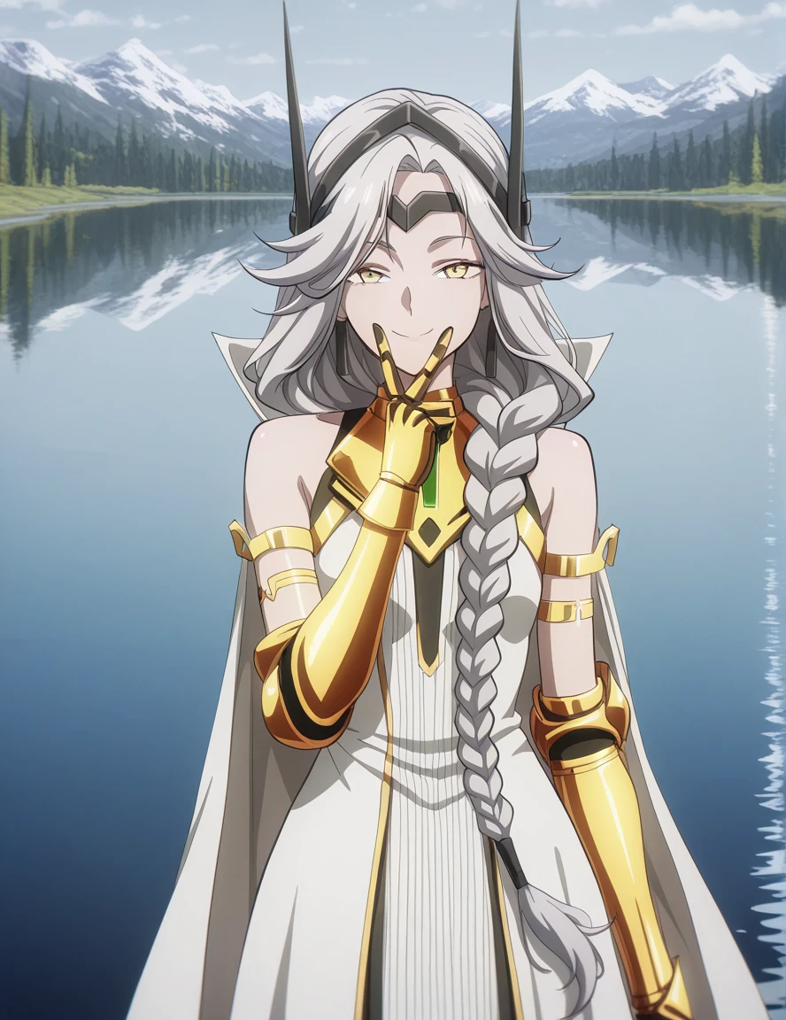 masterpiece, best quality, amazing quality,, <lora:tobeherox-queen-s1-illustriousxl-lora-nochekaiser:1>, tobeherox queen, yellow eyes, long hair, white hair, grey hair, braid, single braid, braided ponytail, mature female, small breasts, anime screencap, dress, bare shoulders, white dress, cape, headgear, armlet, gauntlets, white cape, v, v over mouth, smug,, lake, water, reflection, mountains, calm, cowboy shot, solo, looking at viewer,
