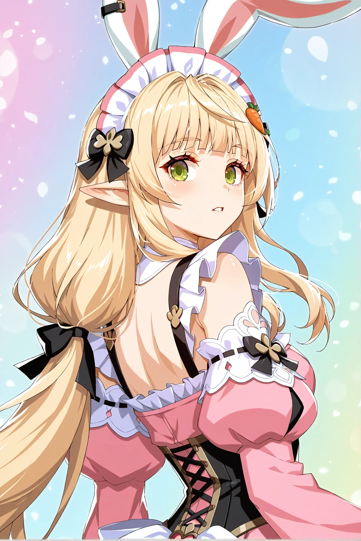 women, blonde curly hair, green eyes, very large pink dress, white gloves, a fur stole, hostess
