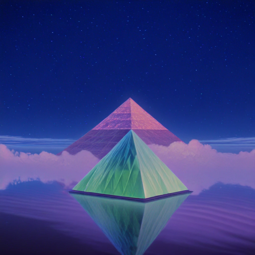 <lora:60sPsychadelicMovieMJ7Illustrious:1> ArsMovieStill, movie still from a 60s psychedelic movie, The image is a digital art piece that appears to be a pyramid or a pyramid-shaped structure. The pyramid is made up of multiple layers of glass with the top layer being the largest and the bottom layer being smaller. The glass is arranged in a way that creates a rainbow-like pattern with different colors and shapes that create a sense of depth and dimension. The colors range from blue green purple and pink and the shapes are reflected in the water below the pyramid.The background is dark with a few stars visible in the top right corner. The sky is filled with white clouds creating a dramatic and dreamlike atmosphere. The overall mood of the image is surreal and surreal with an ethereal quality., sky, reflection, no humans, cloud, scenery, night, star (sky), crystal, outdoors, night sky