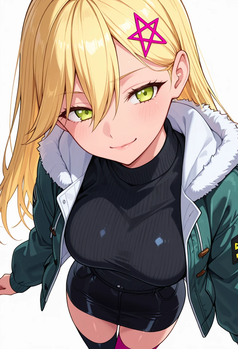 tmasterpiece,blond hairbl,Green coat,Golden eyes,ssmile,slightly fat big breasts,Be red in the face,Headwinds and sagging,best qualtiy,The is very detailed,Bust photo,Get close to the lens,Top-down view,with a good figure