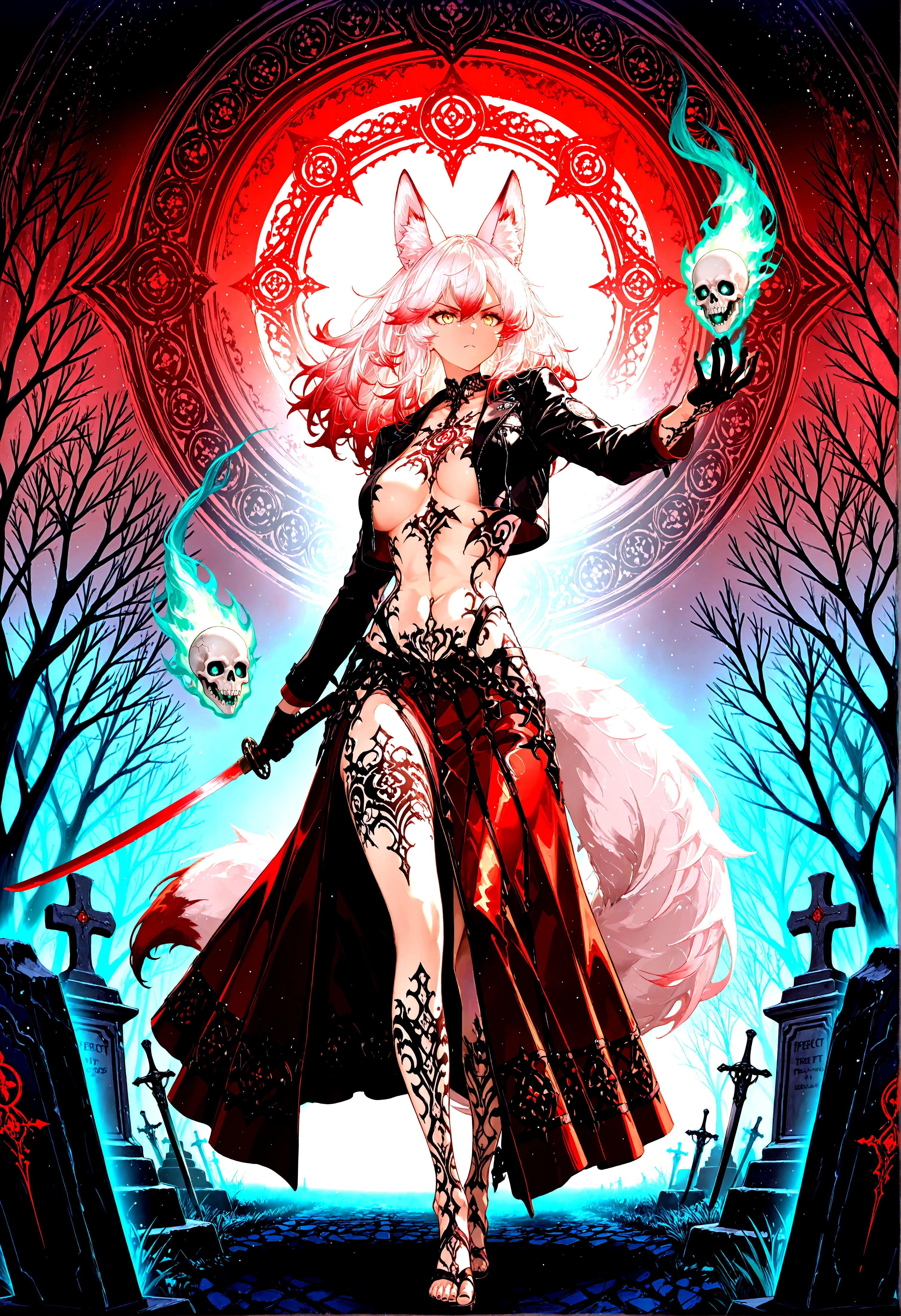 lazypos, masterpiece, best quality, 4k, 8k, absurdres,perfect lighting, soft shadows, contrast,illustration work, high detail,Gothic_Lace_TattooV2, Illustration by Gandy,standing, lace tattoo, ornamental tattoo, body tattoo,filigree ink,detailed Tattoo,fine laced breast tattoo, (underboob:1.1), (sideboob:1.1),bare skin, tattoo-only chest, bare chest, detailed chest tattoo,
anime,1girl,foxgirl, fox ears, fox tail,solo,perfect body,perfect face,detailed eyes,hairstyle,gradient hair,multicolored hair,Pink white hair,rainbow eyes,dynamic pose, standing, full body,(naked:1.05),black tattoos,katana in her hand , gothic lace tattoo dress,((red:1.05) and black (soft fabric:1.1) open cropped jacket), (long black and red skirt:1.05), standing on a graveyrad, (tombstones:1.05), (gravestones:1.05), midnight, blood moon, fog, fire emerging from her hand,green fire hin her hand, flying ghost skulls, serious