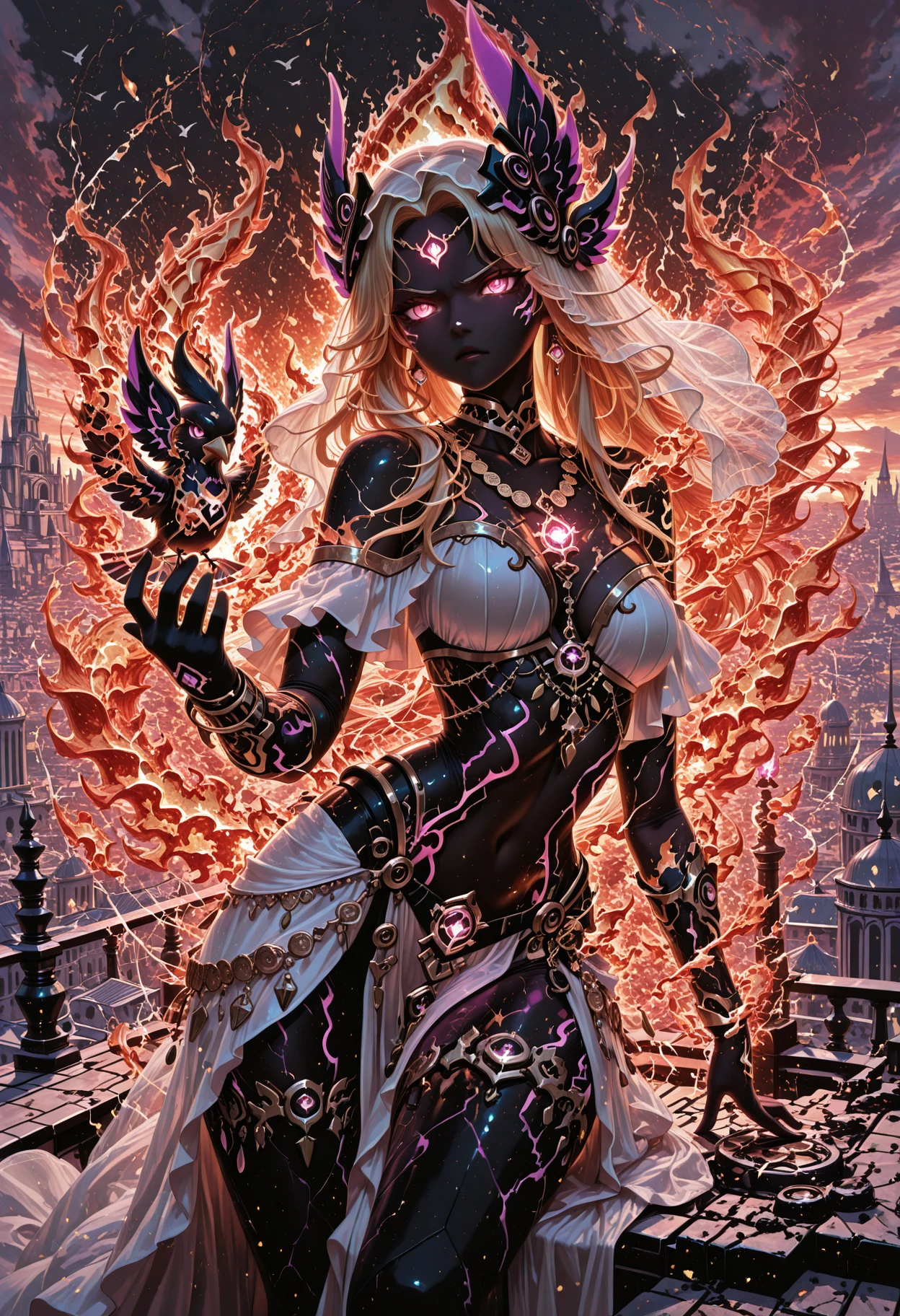 masterpiece, best quality, highendfiremagic, fire, powerful, 1girl, blonde hair, long hair, pink eyes, white sheer outfit, gold jewelry, gold ornaments, layered necklaces, transparent veil, off-shoulder dress, bare midriff, thigh jewelry, seductive pose, rooftop setting, palace balcony, slightly angry expression, flushed cheeks, glowing eyes, dark-themed magical aura, enchanted pink raven, magical bird, floating chains, ornate choker, fantasy cityscape background, sunset lighting, exotic dancer outfit, solo
