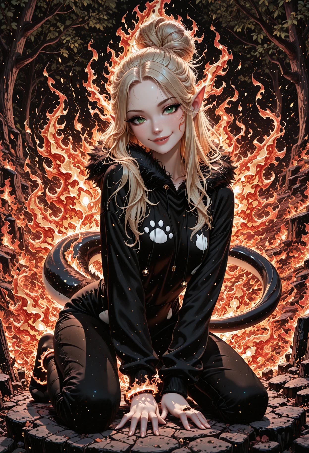 masterpiece, best quality, highendfiremagic, fire, powerful, evil women cosplay snapshot, sensuous, green eyes, smiling shy at the camera with her full lips, pullover ((Beautiful women, petite, in a cat costume with fur pointed ears and a long sleek tail, Messy Bun, long hair)), striking facial structure, highly detailed, blonde hair, flawless pale skin, late afternoon glow, dappled sunlight, woven anklet, detailed eyes, long eyelashes,