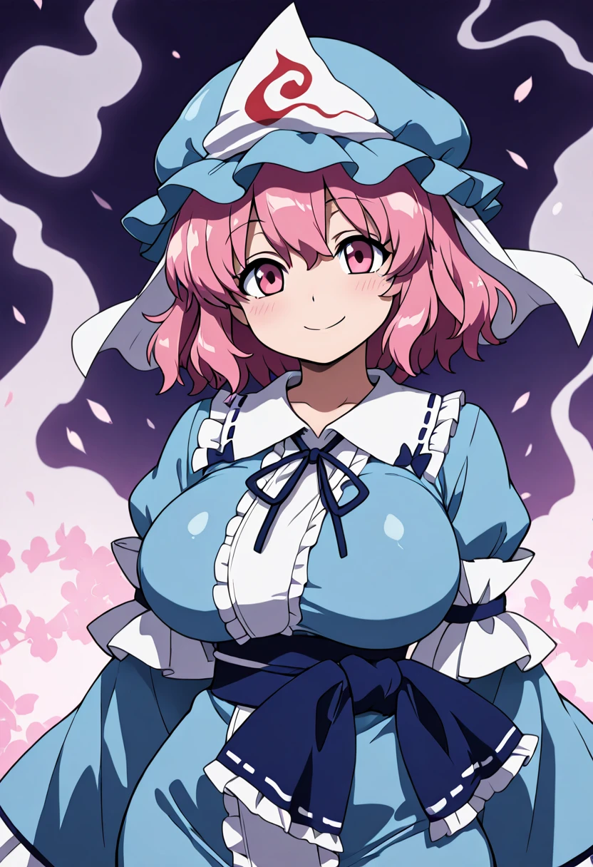 (Highest quality), (masterpiece),(saigyouji yuyuko:1.3),(Unrealistically huge breasts:1.2),(My clothes are about to burst、Very taut chest:1.4),(Very young girl),(looking at viewer:1.5),(Close-up of a girl:1.2),(Mysterious night Japanese garden background:1.2),Cute face,(Cute design:1.2),contrast,concept art ,One person,,beautiful detailed glow, dynamic angle.Short Hair,Striking a cute pose,(A fleeting expression)