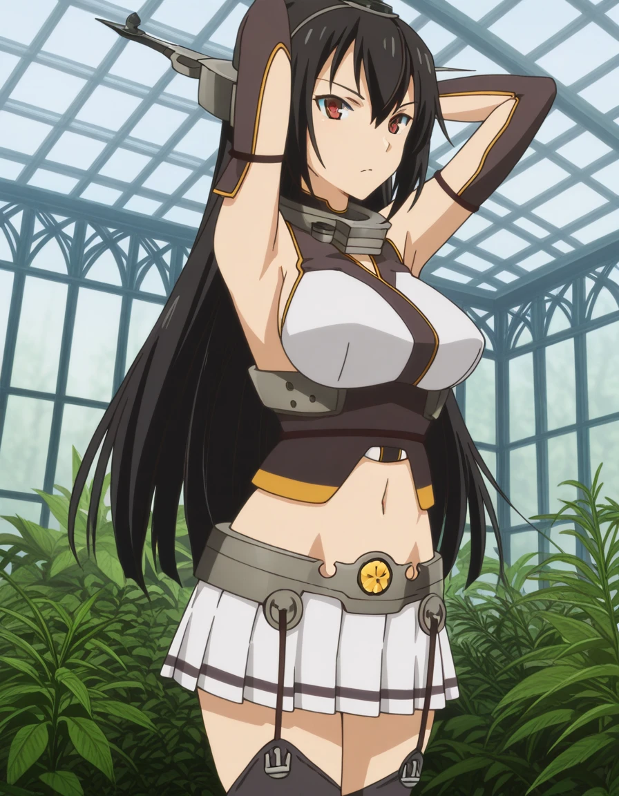 masterpiece, best quality, amazing quality,, <lora:kancolle-nagato-s1-illustriousxl-lora-nochekaiser:1>, nagato, nagato (kancolle), long hair, black hair, red eyes, mature female, breasts, anime screencap, skirt, thighhighs, gloves, navel, bare shoulders, hairband, detached sleeves, headgear,, hands behind head,, greenhouse, plants, glass, warm, growth, cowboy shot, solo, looking at viewer,