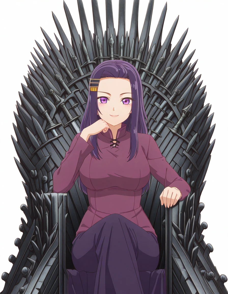 masterpiece, best quality, amazing quality,, <lora:sayuri-akino-s1-illustriousxl-lora-nochekaiser:1>, sayuri akino, long hair, hair ornament, hairclip, purple hair, purple eyes, forehead, mature female, breasts, anime screencap, <lora:iron-throne-illustriousxl-lora-nochekaiser:1>, iron throne, sitting, looking at viewer, sword, throne, sitting on throne, smile, cowboy shot, elbow rest, crossed legs, , <lora:transparent-background-illustriousxl-lora-nochekaiser:1>, transparent background, simple background, white background