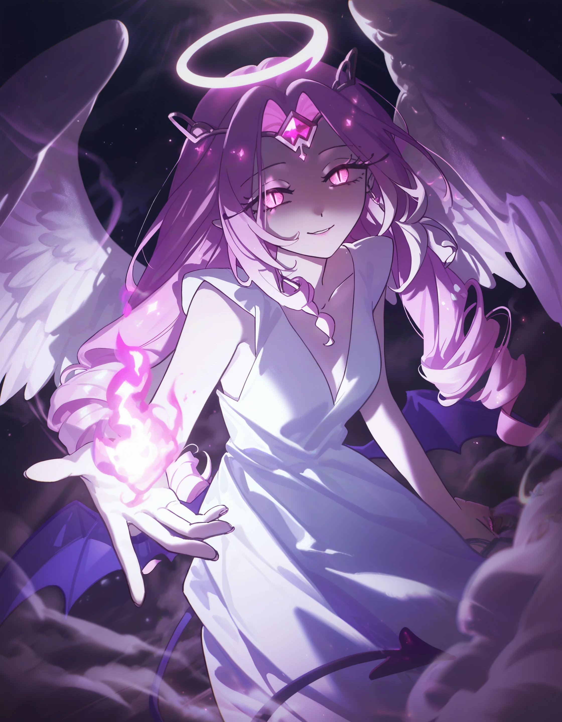 3t3rn4lsug4r, masterpiece, best quality, highres, very awa, very aesthetic, 1girl, pink hair, gradient hair, tiara, halo, parted hair, white dress, slit pupils, tail, sleeveless, drill hair, v neck, medium dress, pink eyes, blue demon wings, angel wings, cowboy shot, smile, light smile, light rays, light particles, cinematic, looking at viewer, (konya karasue:1.4), fire, (close-up:1.2), smoke, dark theme, dim lighting, dutch angle, dynamic composition, dynamic pose, offering hand, (evil:1.3)