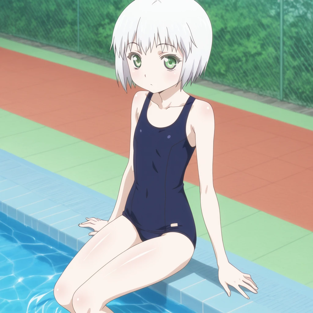 masterpiece, highly detailed, 1girl, rumiyokoi, swimsuit, outdoor pool, swimming pool, sunny, clouds, sky, water