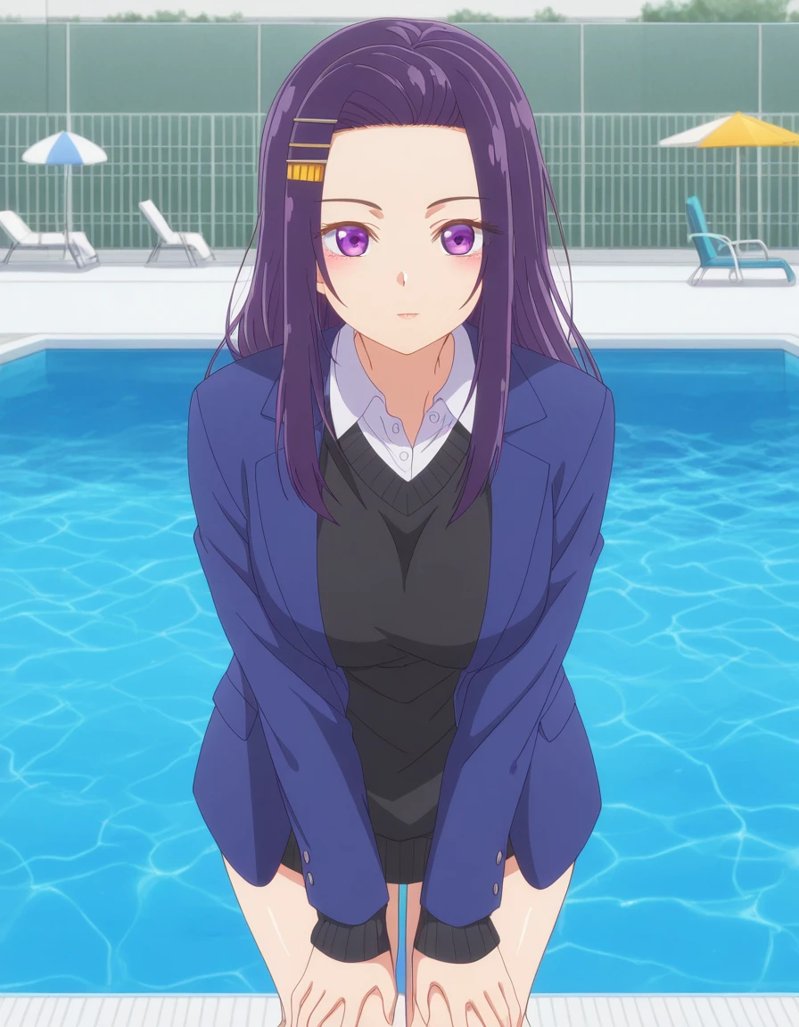 masterpiece, best quality, amazing quality,, <lora:sayuri-akino-s1-illustriousxl-lora-nochekaiser:1>, sayuri akino, long hair, hair ornament, hairclip, purple hair, purple eyes, forehead, mature female, breasts, anime screencap, shirt, white shirt, collared shirt, sweater, black sweater, blazer, blue blazer,, hands on own knees, pool, water, swim, float, poolside, cowboy shot, solo, looking at viewer,