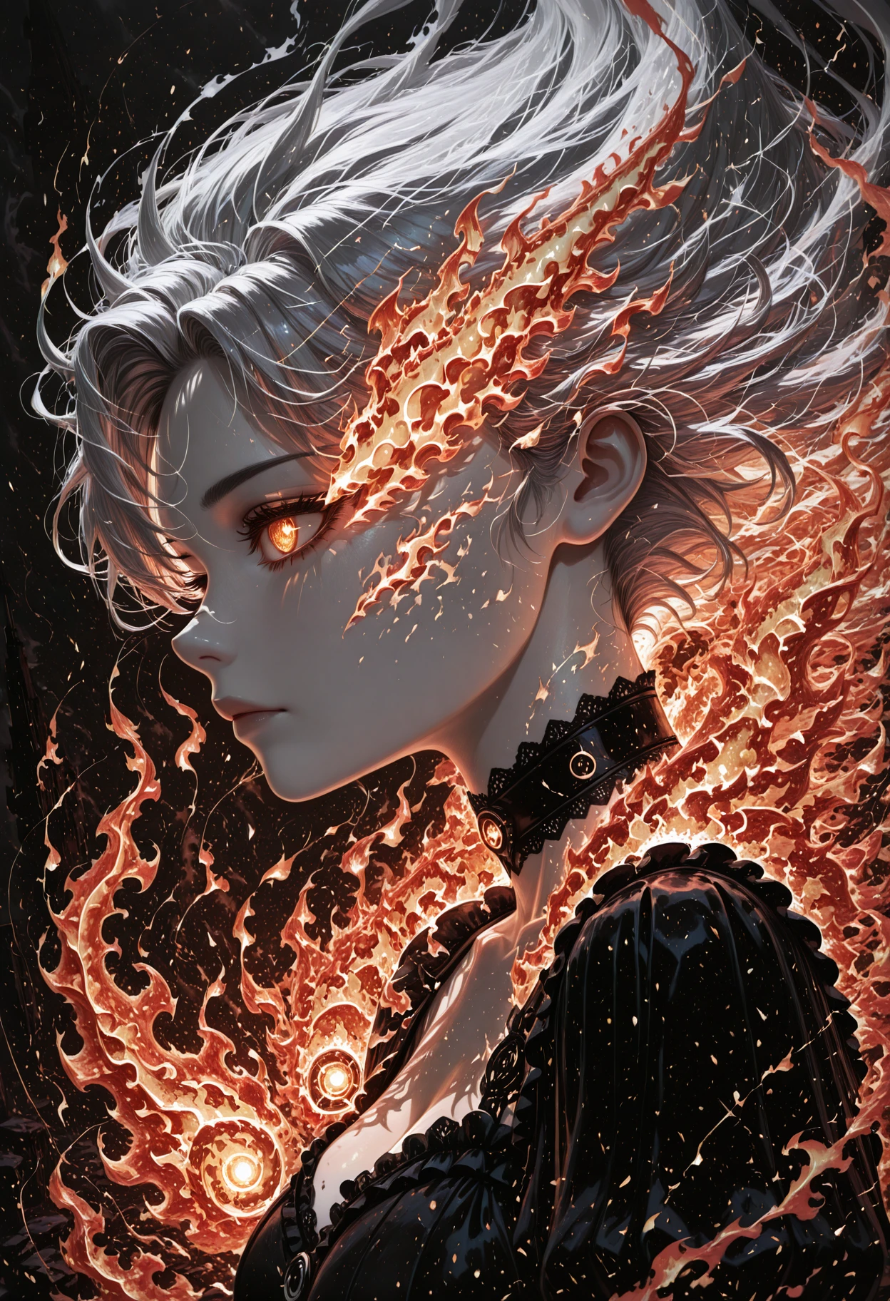 masterpiece, best quality, highendfiremagic, fire, powerful, 1girl, close-up, side profile, pale skin, long silver hair, dim moonlight on face, one glowing eye visible, soft wind in hair, gothic choker, subtle melancholy expression, shadows across face, deep night atmosphere, quiet intensity