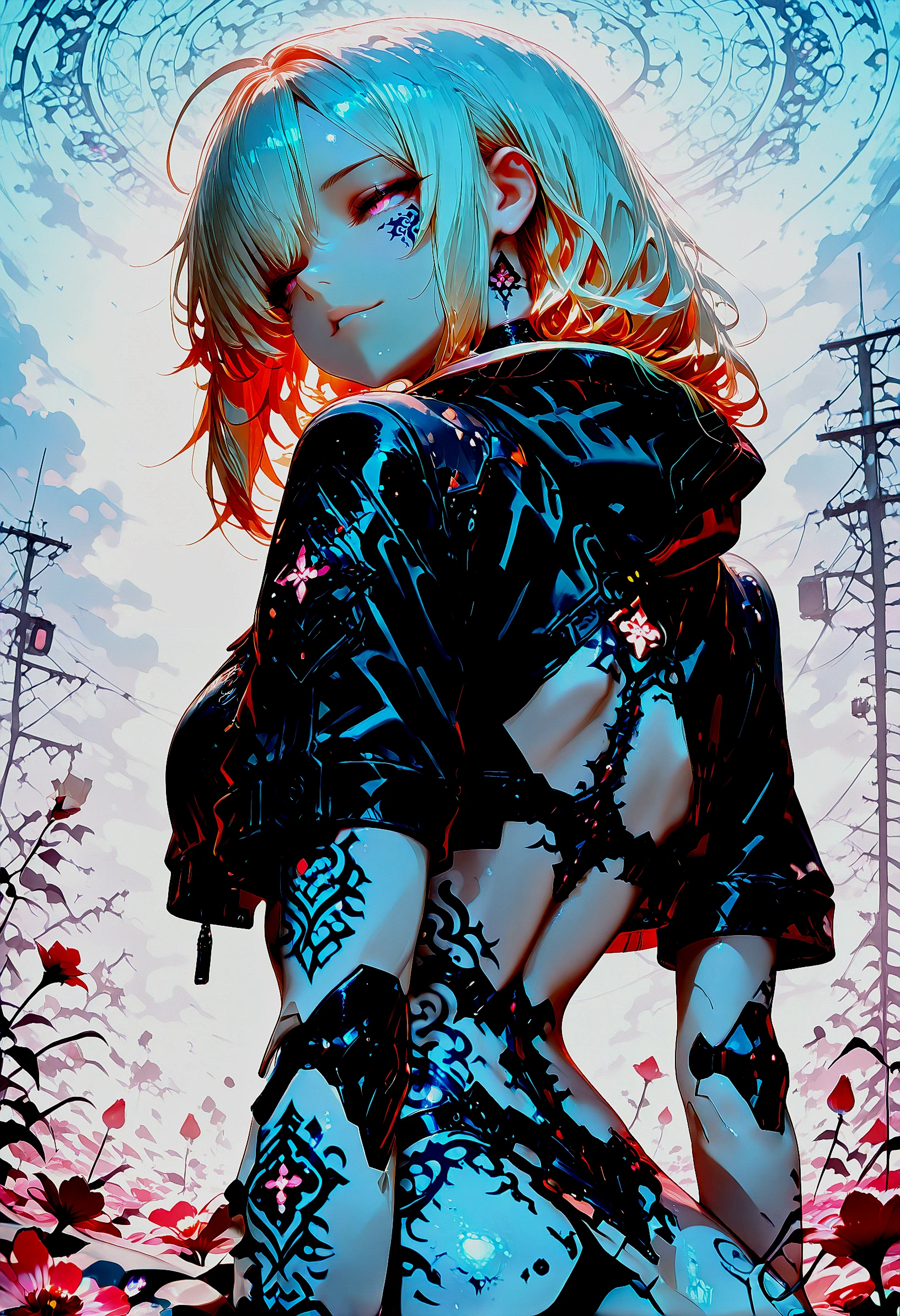 embedding:lazypos, 1girl,naked, sunny open sky, flower field,seductive pose,tattoo,mechanical joints,(open short sleeved cropped techware jacket:1.05),detailed eyes,detailed, dynamic pose,extreme perspective, crouching,from the back looking over shoulder