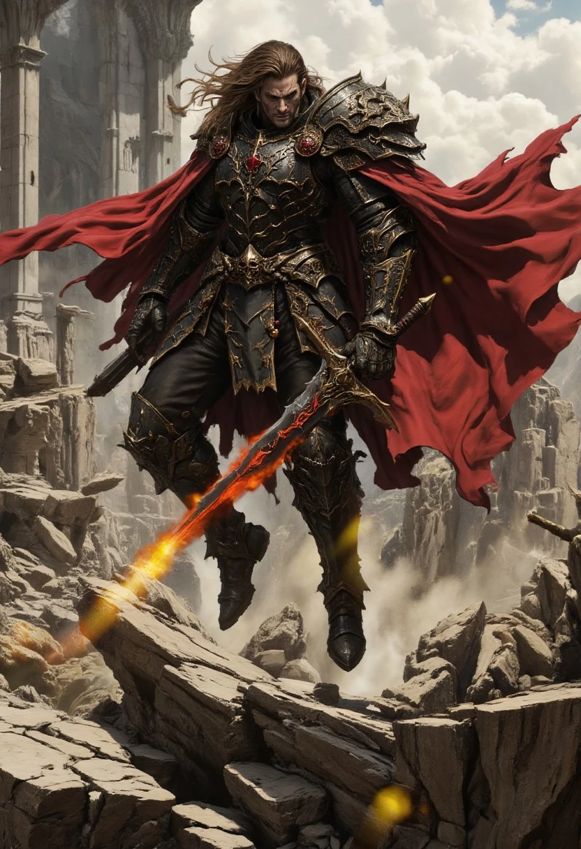 A fierce fantasy warrior captured mid-leap, suspended in motion as his cloak whips through the air like a crimson banner. His intricately engraved armor glints with the light of a shattered sky—plates of polished steel and dragon-scale overlays fused with glowing arcane runes. Muscles taut with power, his expression is focused and unyielding. In one hand, he wields a massive greatsword crackling with stormlight; in the other, a radiant energy shield pulses with magical glyphs. His braided hair flies behind him, tangled with beads and feathers from ancient victories. Below, the earth trembles—jagged rocks and arcane flames rise where his boots last touched the ground. Shards of magic swirl around him as if the battlefield itself bends to his will. Against the backdrop of a ruined citadel and storm-wracked sky, he is the embodiment of motion, mastery, and myth.