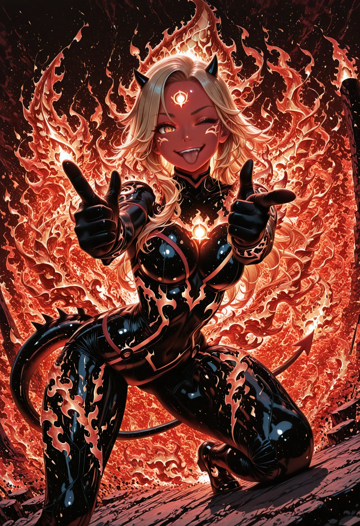 masterpiece, best quality, highendfiremagic, fire, powerful, 1girl, long blonde hair, red devil costume, small horns, tongue out, confident expression, winking, finger gun gesture, pointing at viewer, mischievous smile, tight outfit, tail slightly curled, background glowing red, playful pose, dynamic angle, bold shadows, dramatic lighting, stylish attitude