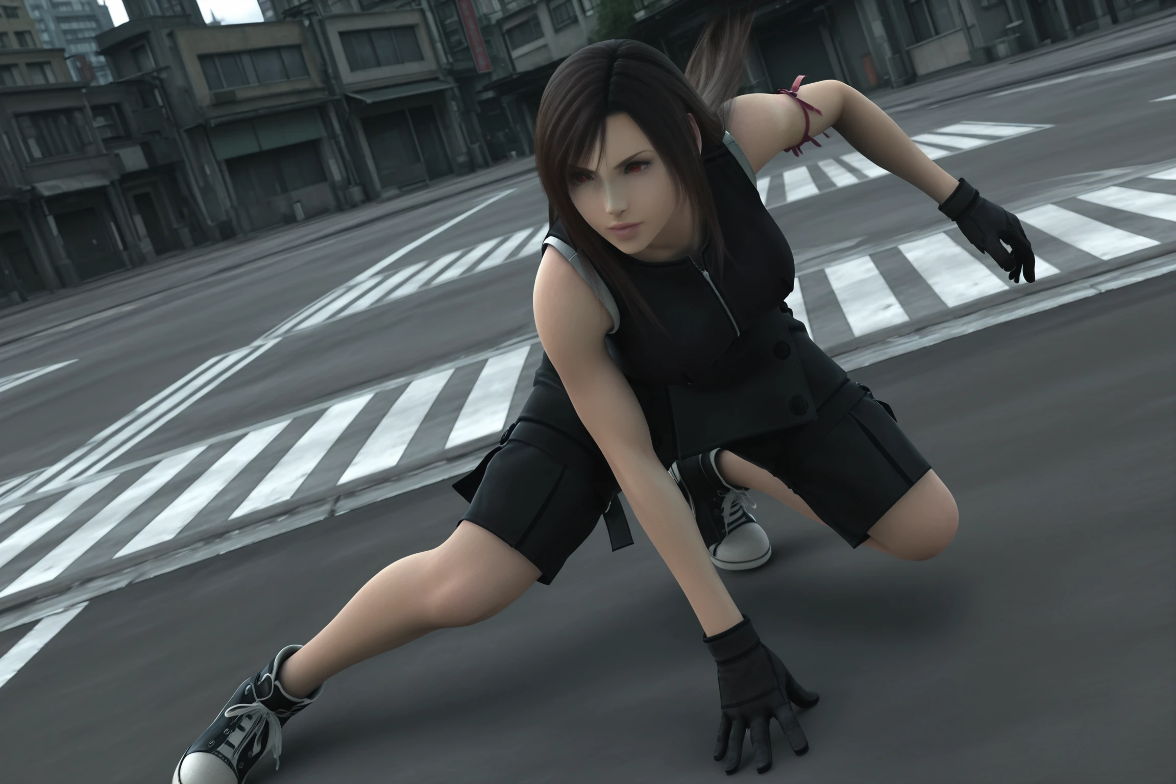outdoors, city, street,
<lora:Tifa_Lockhart_Final_Fantasy_VII_Advent_Children_-_Illustrious_V2:1>
Tifa (FFVII AC), 1girl, tifa lockhart, solo, long hair, dark brown hair, red eyes, 3d, lips,
black gloves, gloves, shorts, black shorts, shirt, sleeveless, black footwear, arm ribbon, full body, fighting stance, from above, black shirt, bare shoulders, depth,